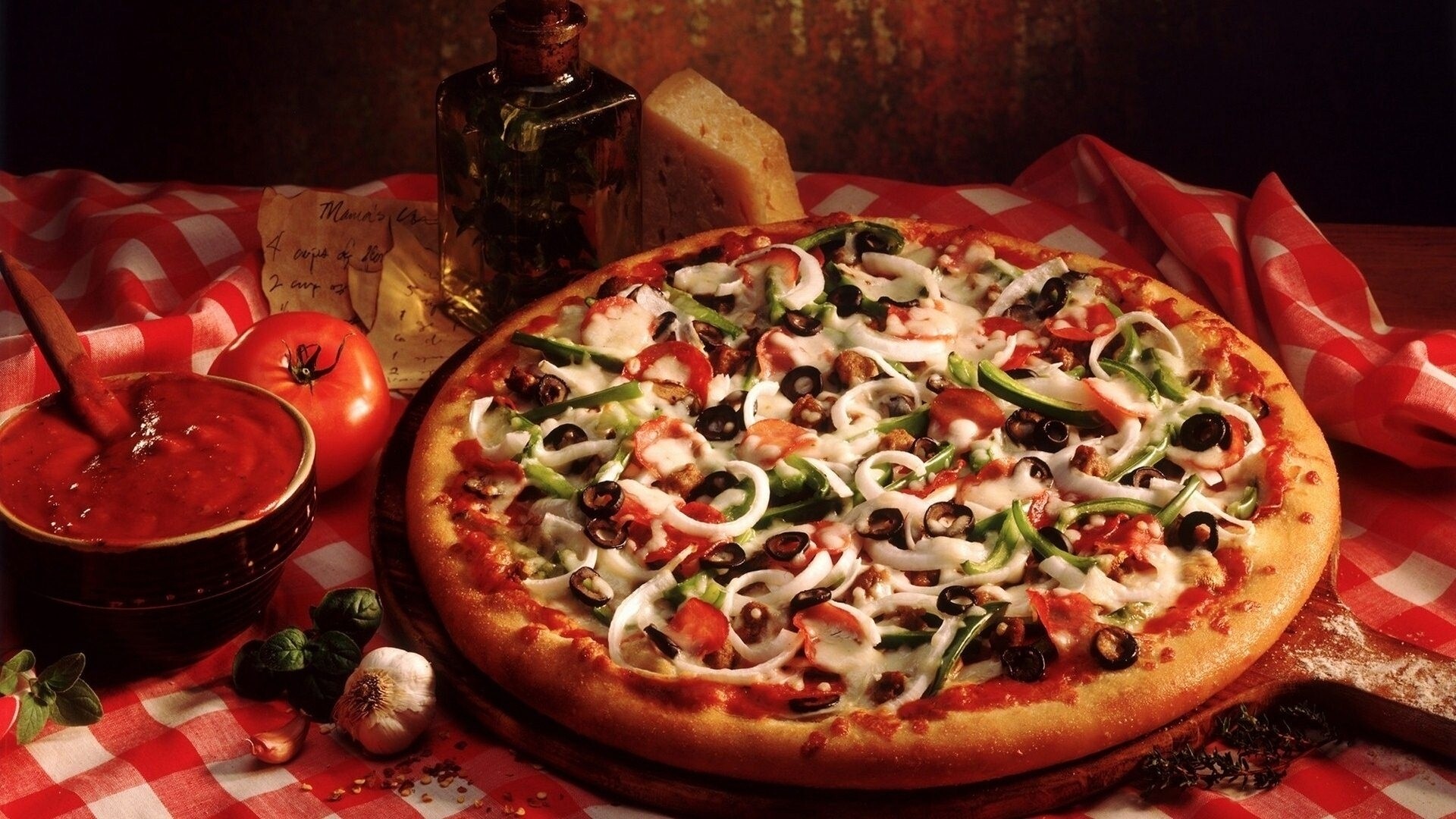 Pizza: Dough, Ingredients, Vegetables, Fast Food, Italian dish. 1920x1080 Full HD Wallpaper.