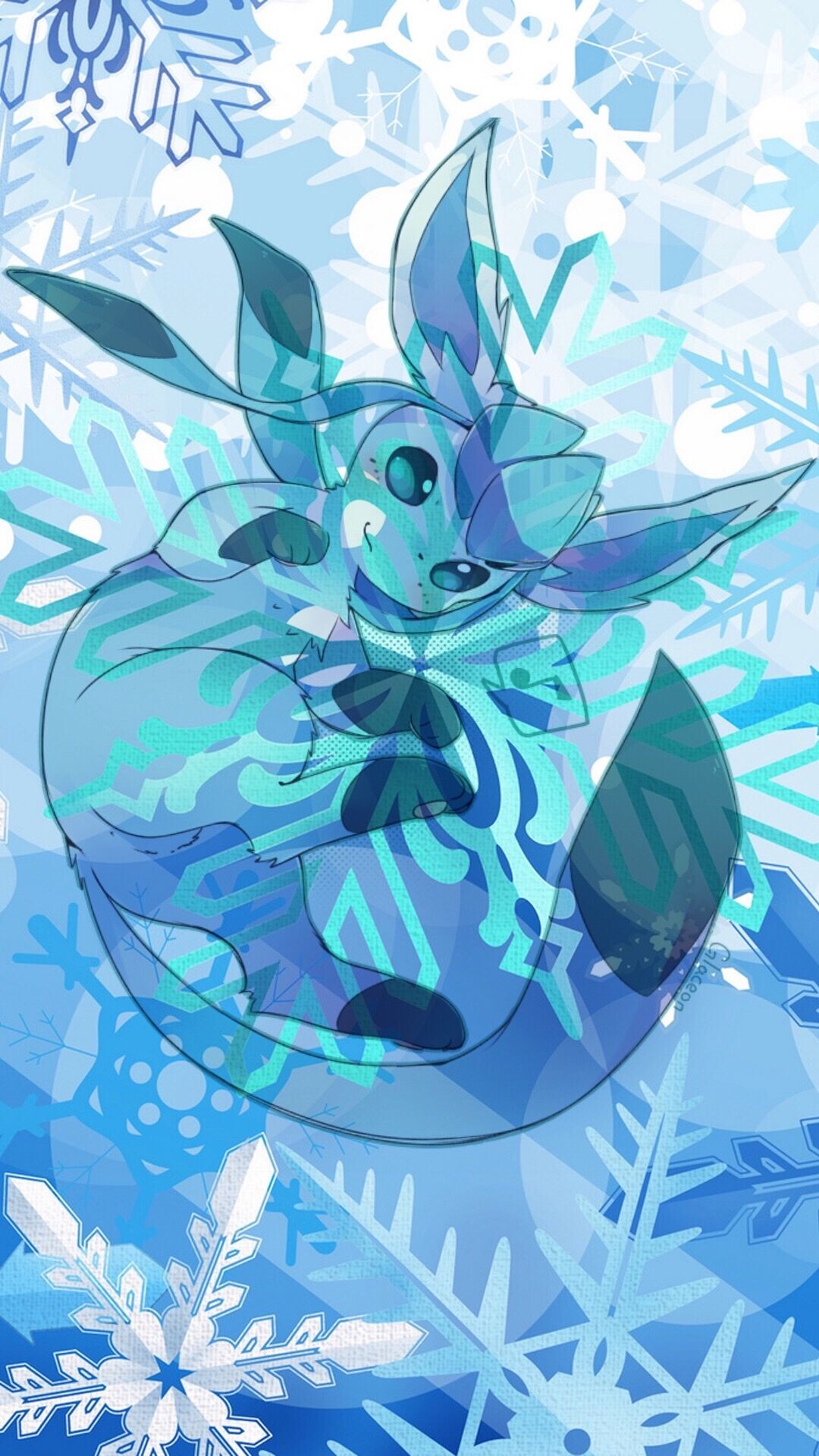 Glaceon: Creature with cerulean blue cap-like feature on its forehead, Two long blue strips dangling from either side. 1080x1920 Full HD Wallpaper.