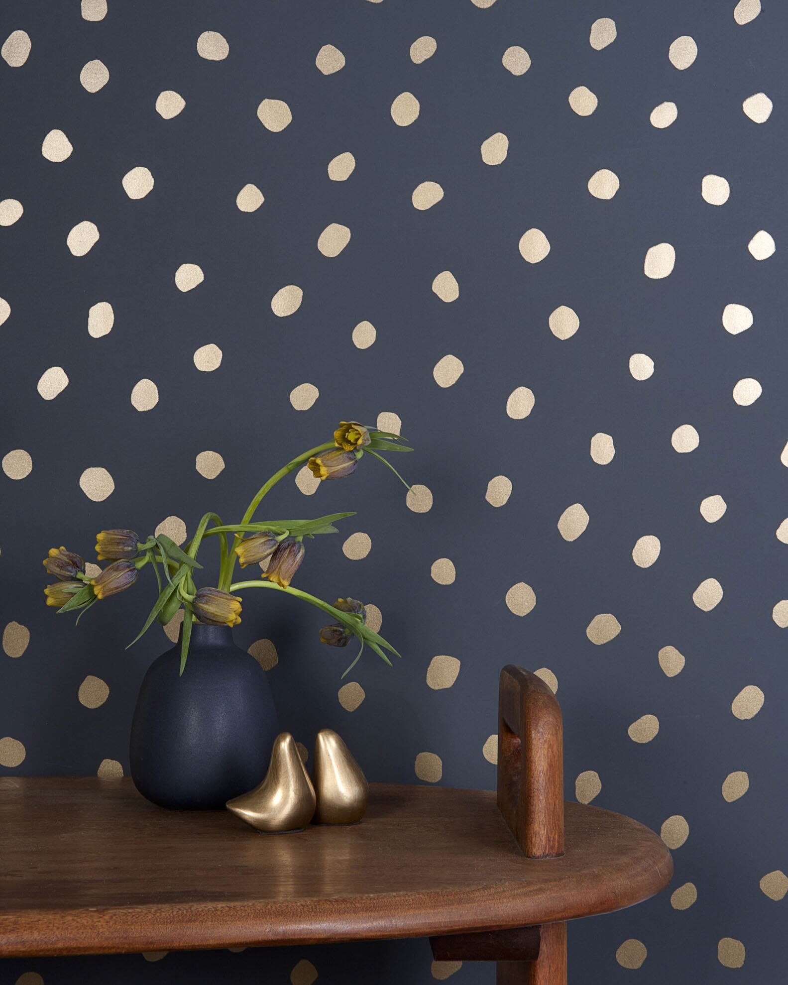 Gold Polka Dot: Asymmetrical dot-pattern, Home decoration, Fancy golden and black upholstering. 1590x1980 HD Background.