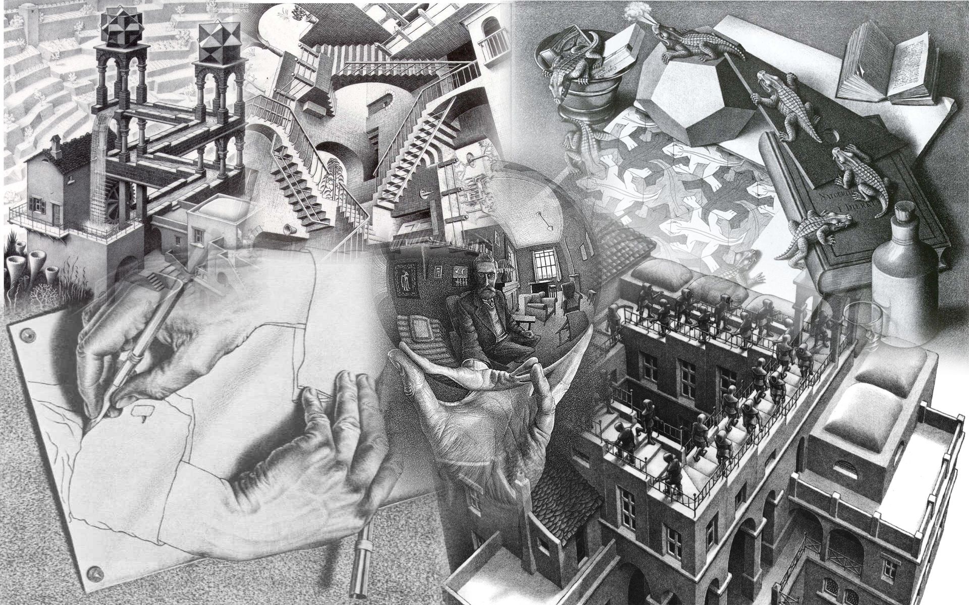 M.C. Escher, Other artist, Collage art, MC Escher, 1920x1200 HD Desktop