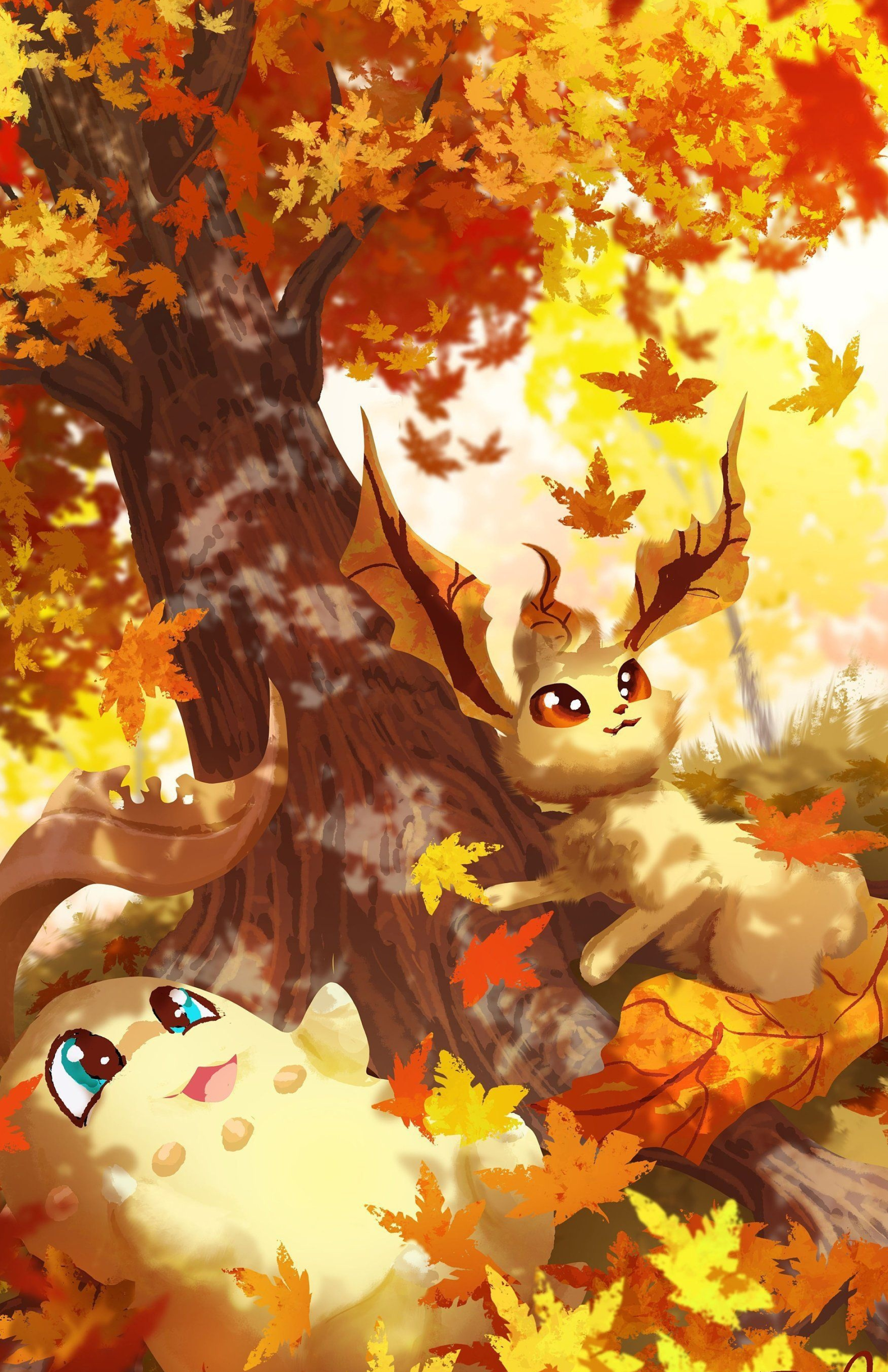 Autumn Leafeon, Chikorita art print, 1950x3000 HD Handy
