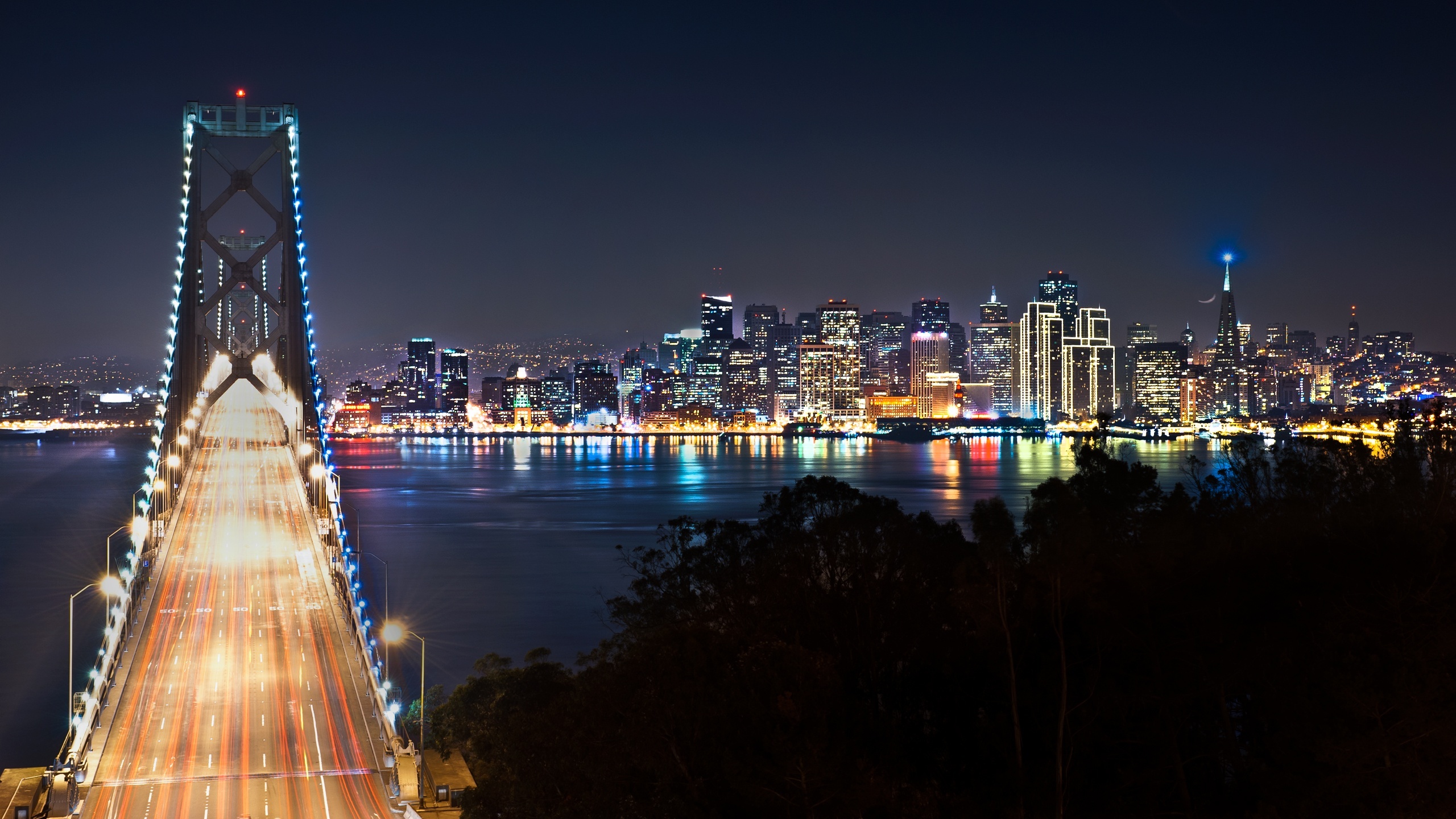 Oakland Skyline, San Francisco at night, Desktop, Travels, 2560x1440 HD Desktop