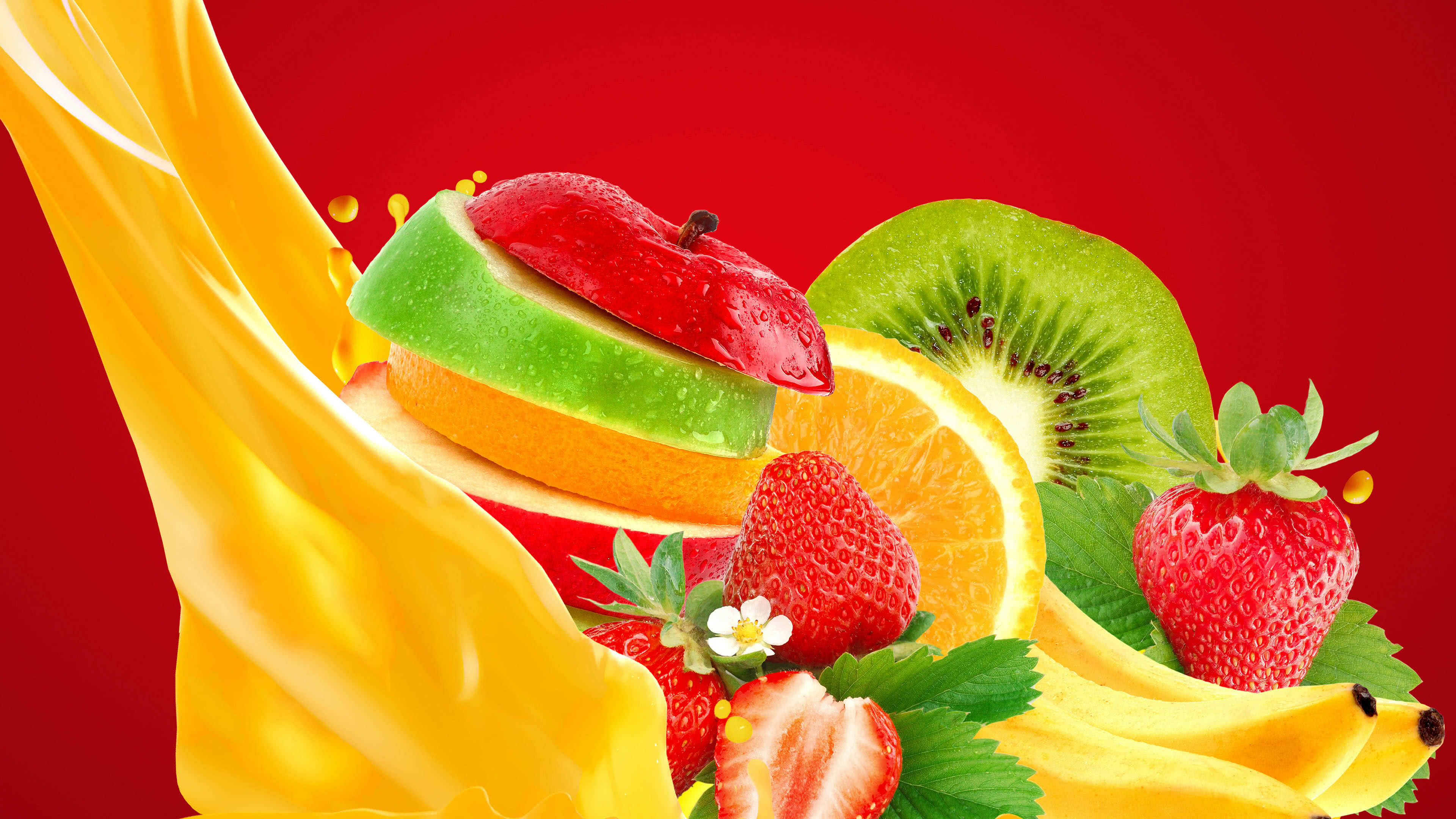 Fruit: Strawberry, Banana, Apple, Kiwi, Orange, Products. 3840x2160 4K Wallpaper.
