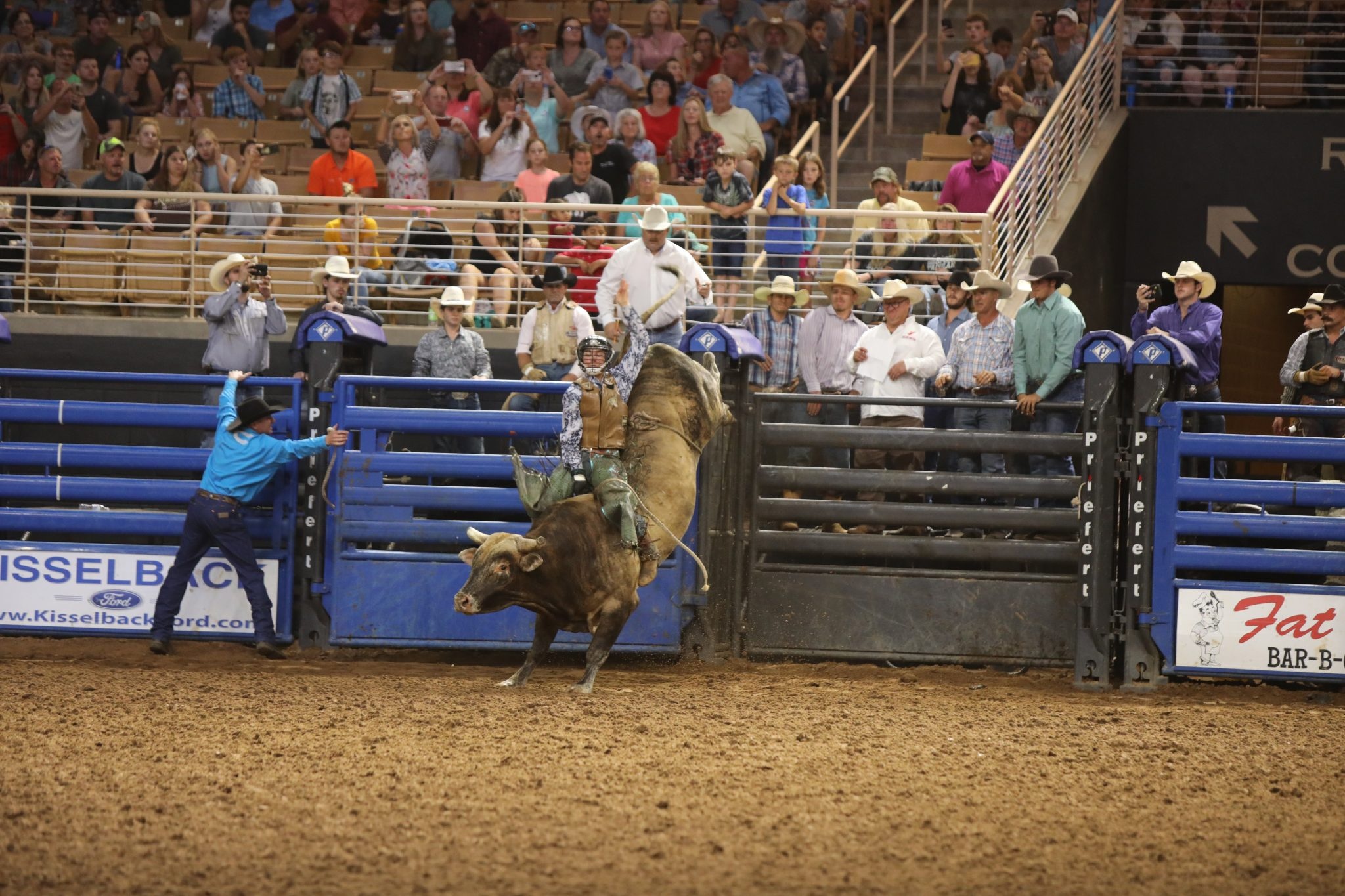 Bullriding: A sport where the rider must hang on with one hand for 8 seconds, Bullfighter, A rodeo championship, Score. 2050x1370 HD Background.