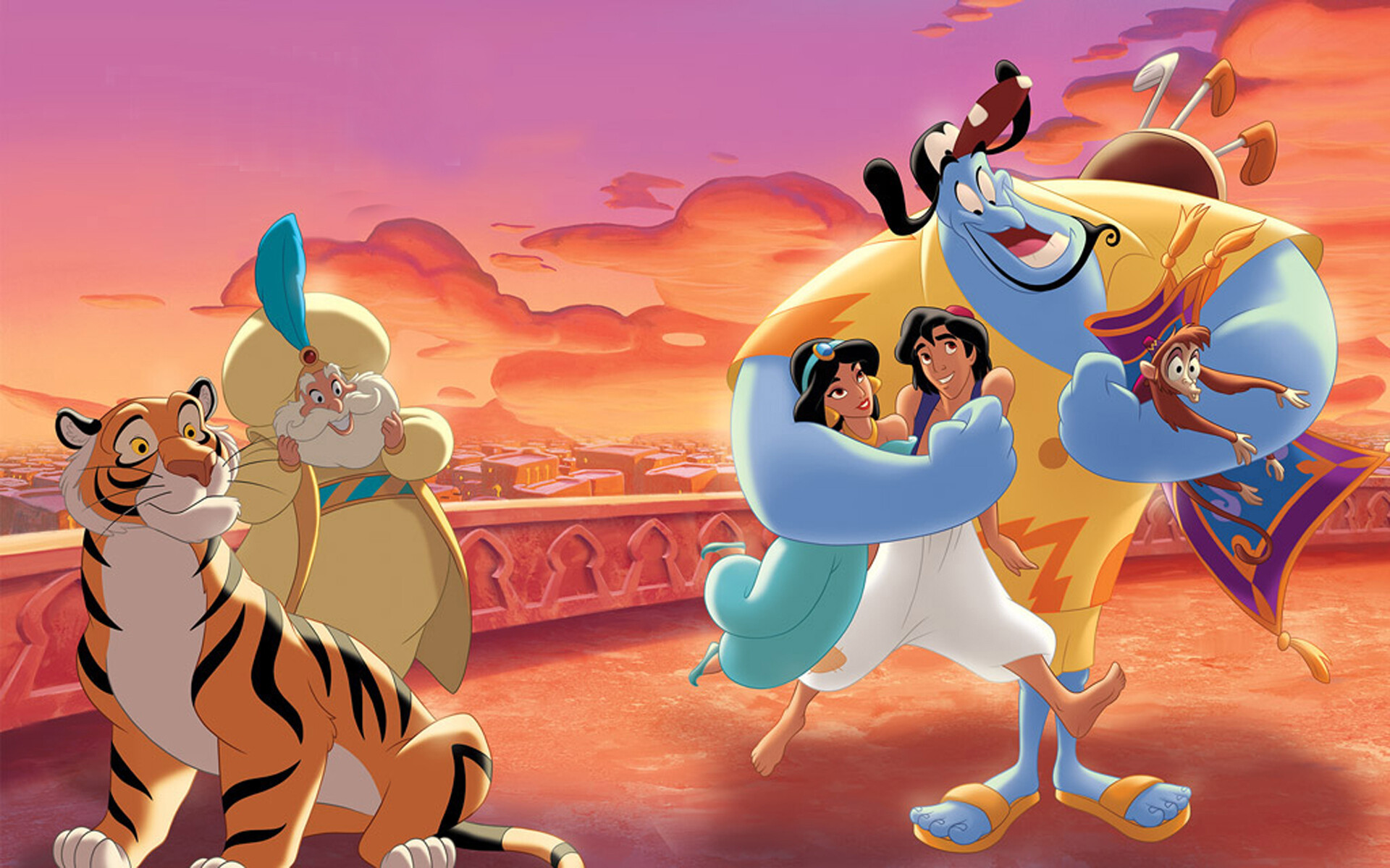 Aladdin (Cartoon): Walt Disney, Jasmine, Gin, Sultan, Abu. 1920x1200 HD Background.