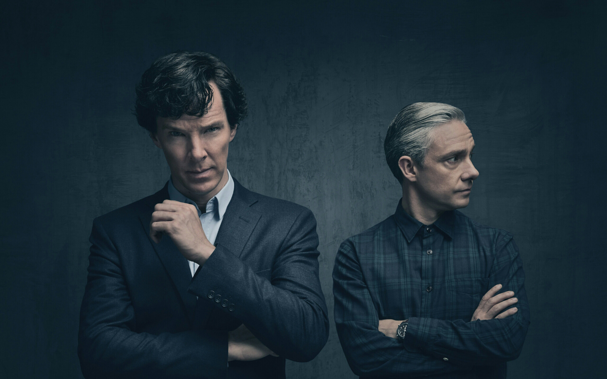 Sherlock (TV Series): Benedict Cumberbatch and Martin Freeman. 2560x1600 HD Background.