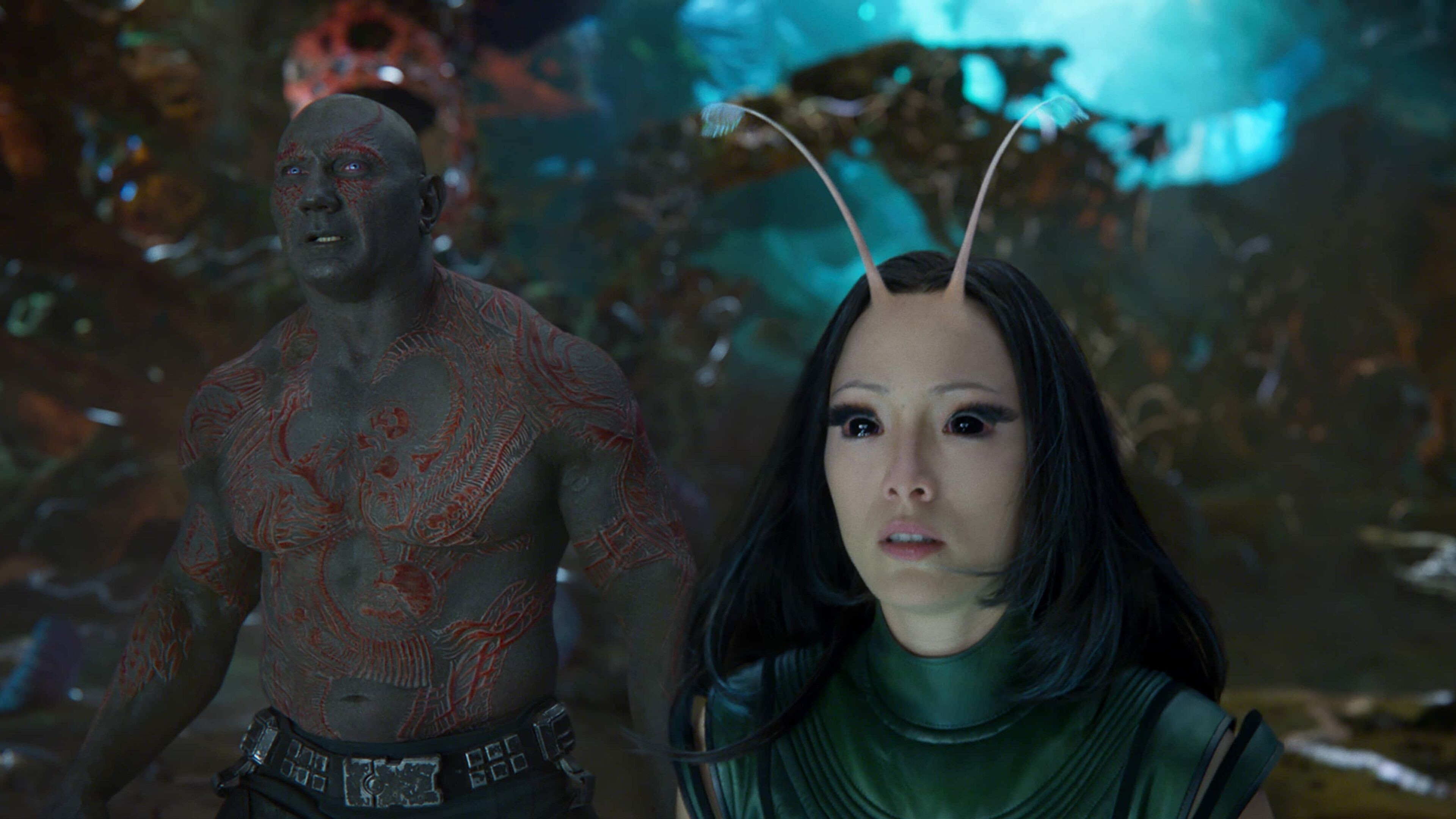 Pom Klementieff: Dave Bautista as Drax the Destroyer, Mantis, Guardians of the Galaxy Vol. 2. 3840x2160 4K Background.