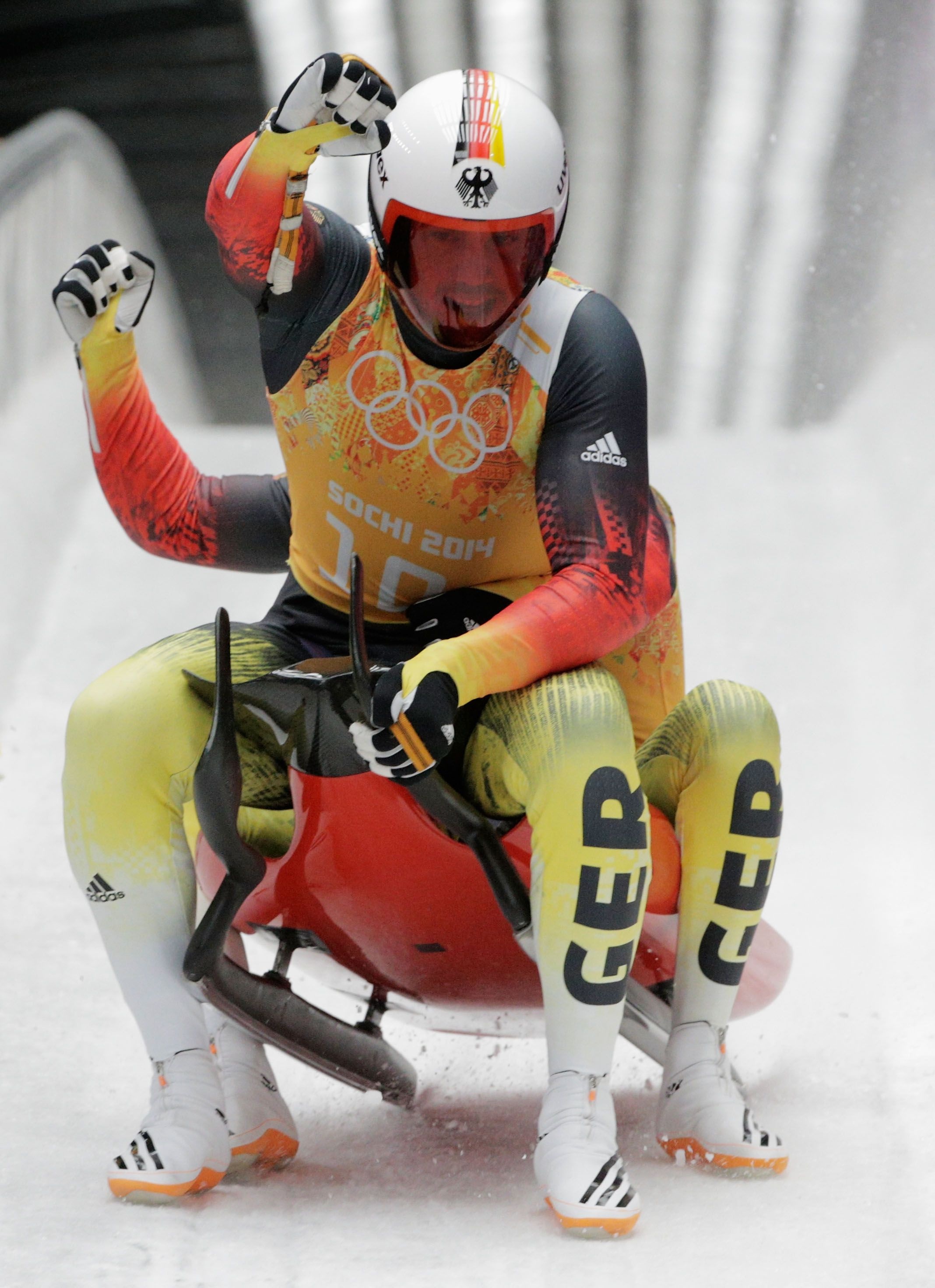 Luge: Tobias Wendl and Tobias Arlt of Germany finish a run during the Luge Relay at the Sochi 2014 Winter Olympics. 2140x2950 HD Wallpaper.