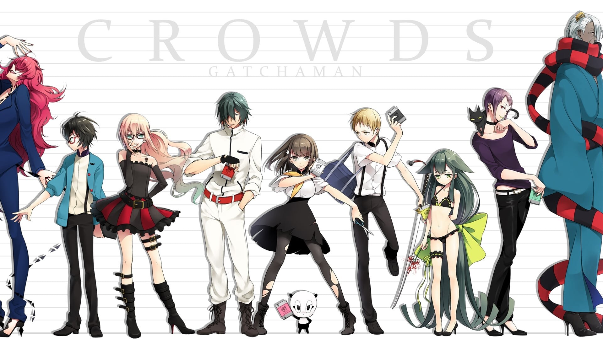 Gatchaman Crowds: Anime TV Series 2013-2015, Berg Katze, Rui Ninomiya, Joe Hibiki, Hajime Ichinose, Sugane Tachibana. 1920x1080 Full HD Background.