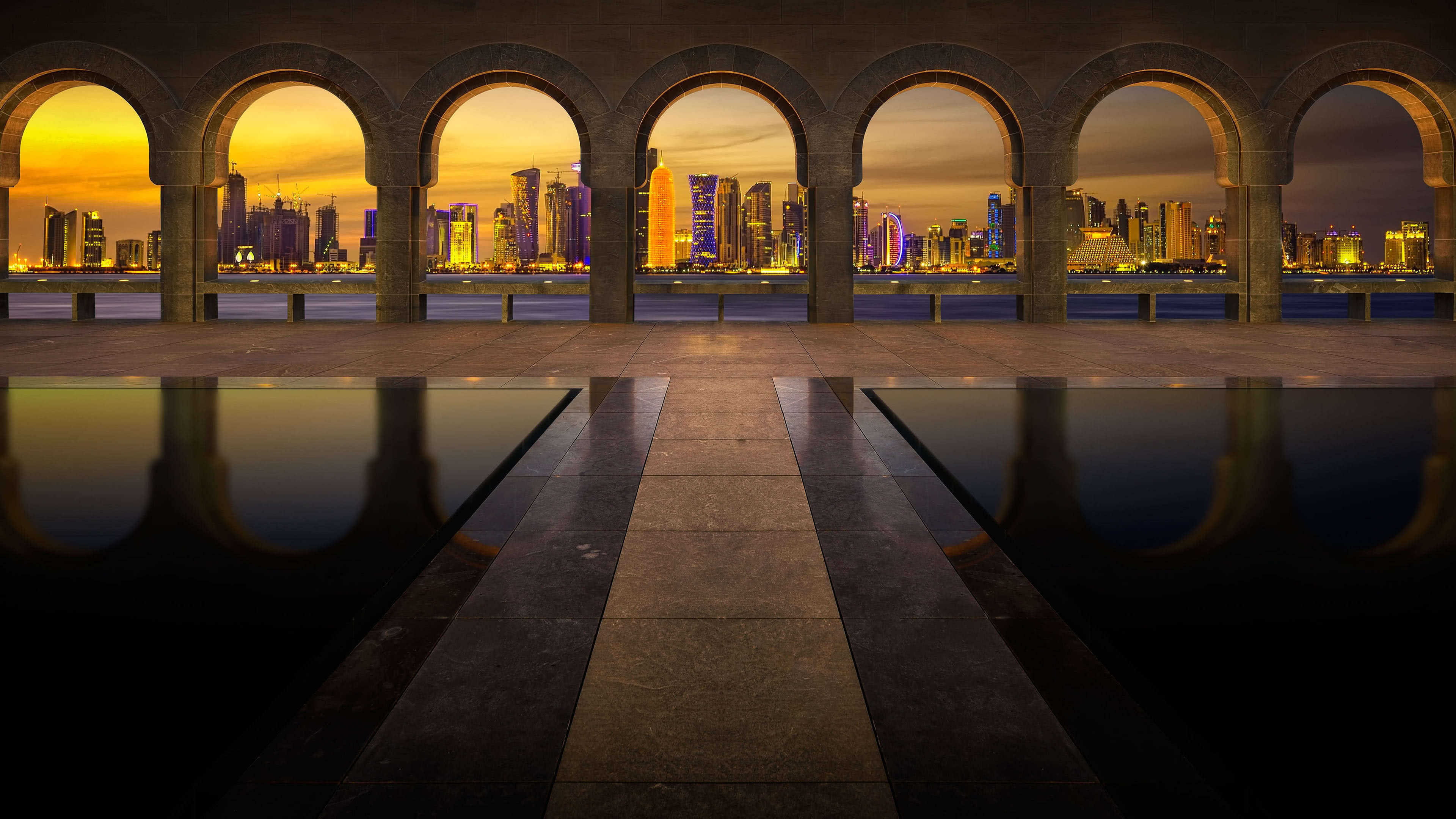 Qatar city skyline, Night, UHD wallpaper, 3840x2160 4K Desktop