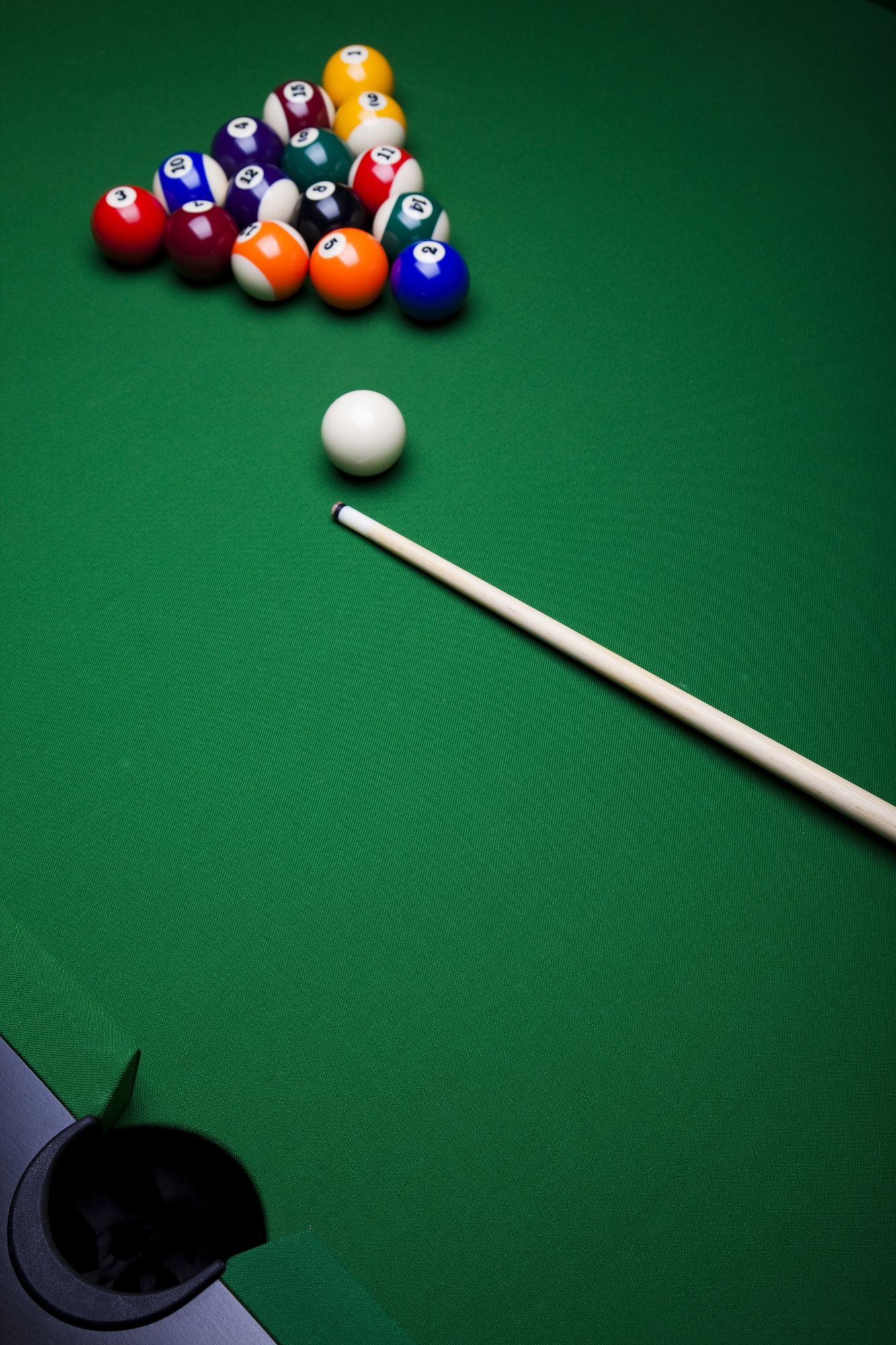Cue Sports: A classic eight-ball style of a game with a cue stick, Last preparations before a break shot. 1340x2000 HD Background.