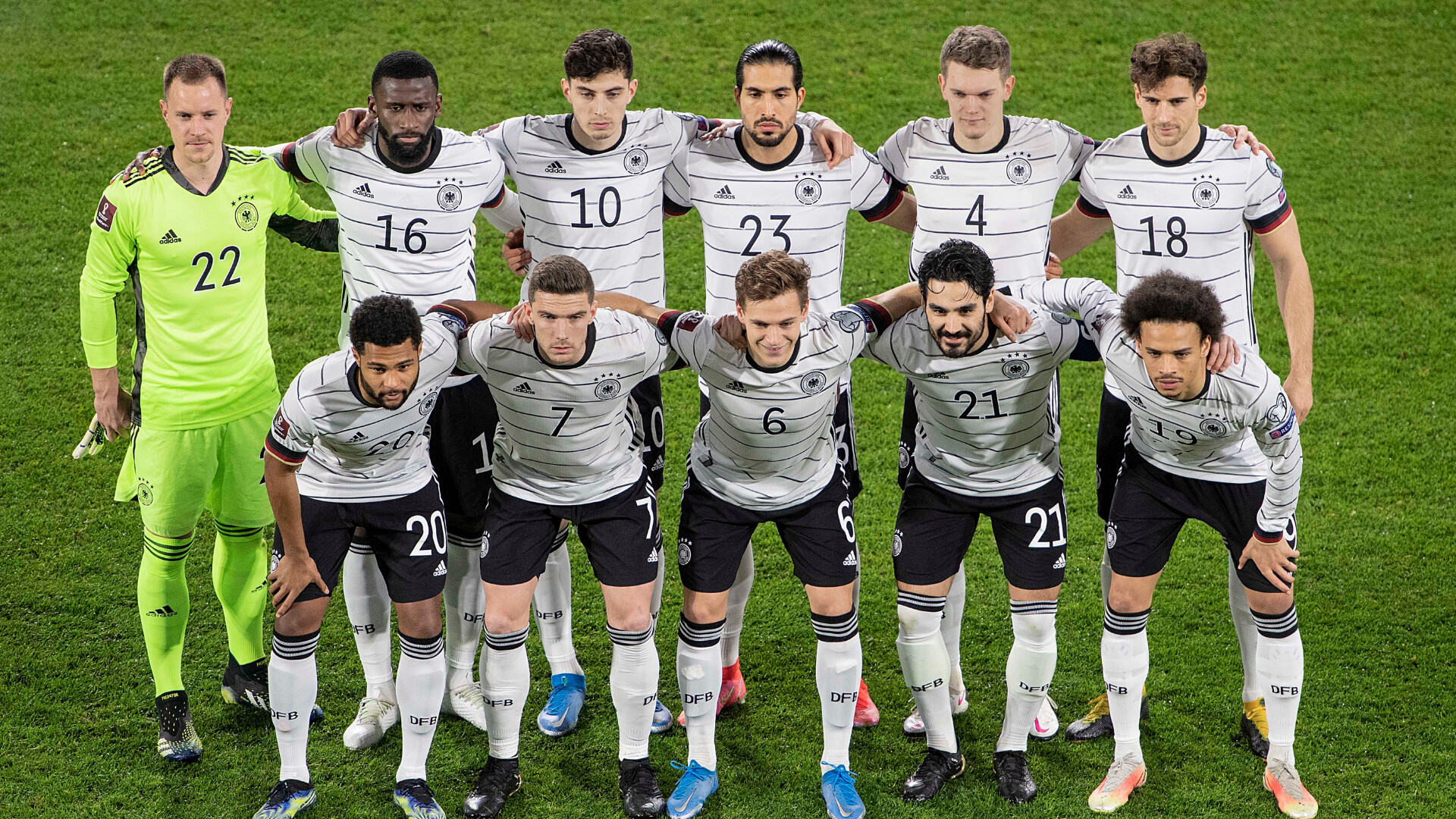 Germany National Football Team: Marc-Andre ter Stegen, Matthias Ginter, Kai Havertz, Emre Can, Antonio Rudiger, Niklas Sule. 1920x1080 Full HD Background.