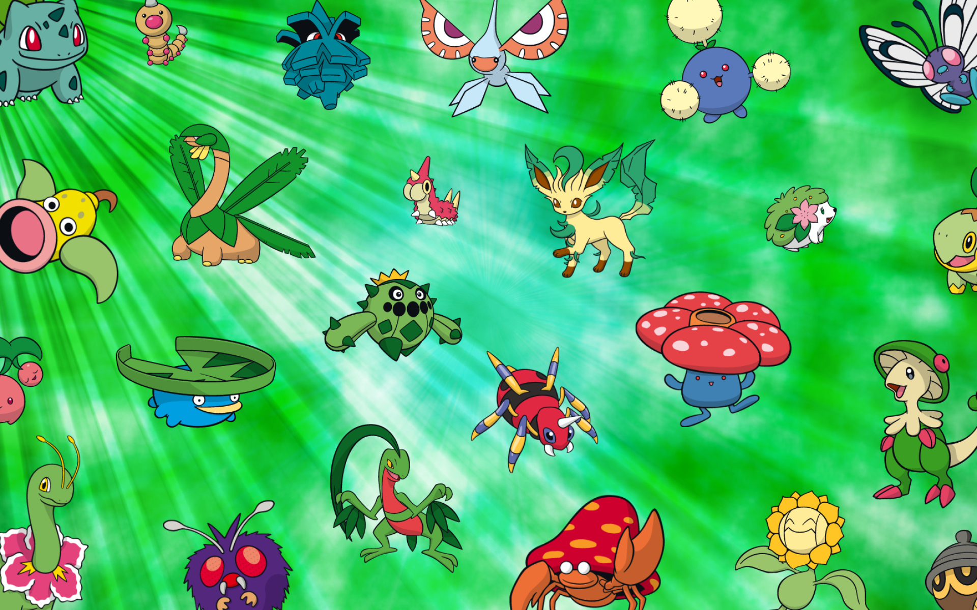 Grass (Pokemon): Vileplume, Weepinbell, Parasect, Meganium, Sunflora, Breloom, Lotad, Leafeon. 1920x1200 HD Background.