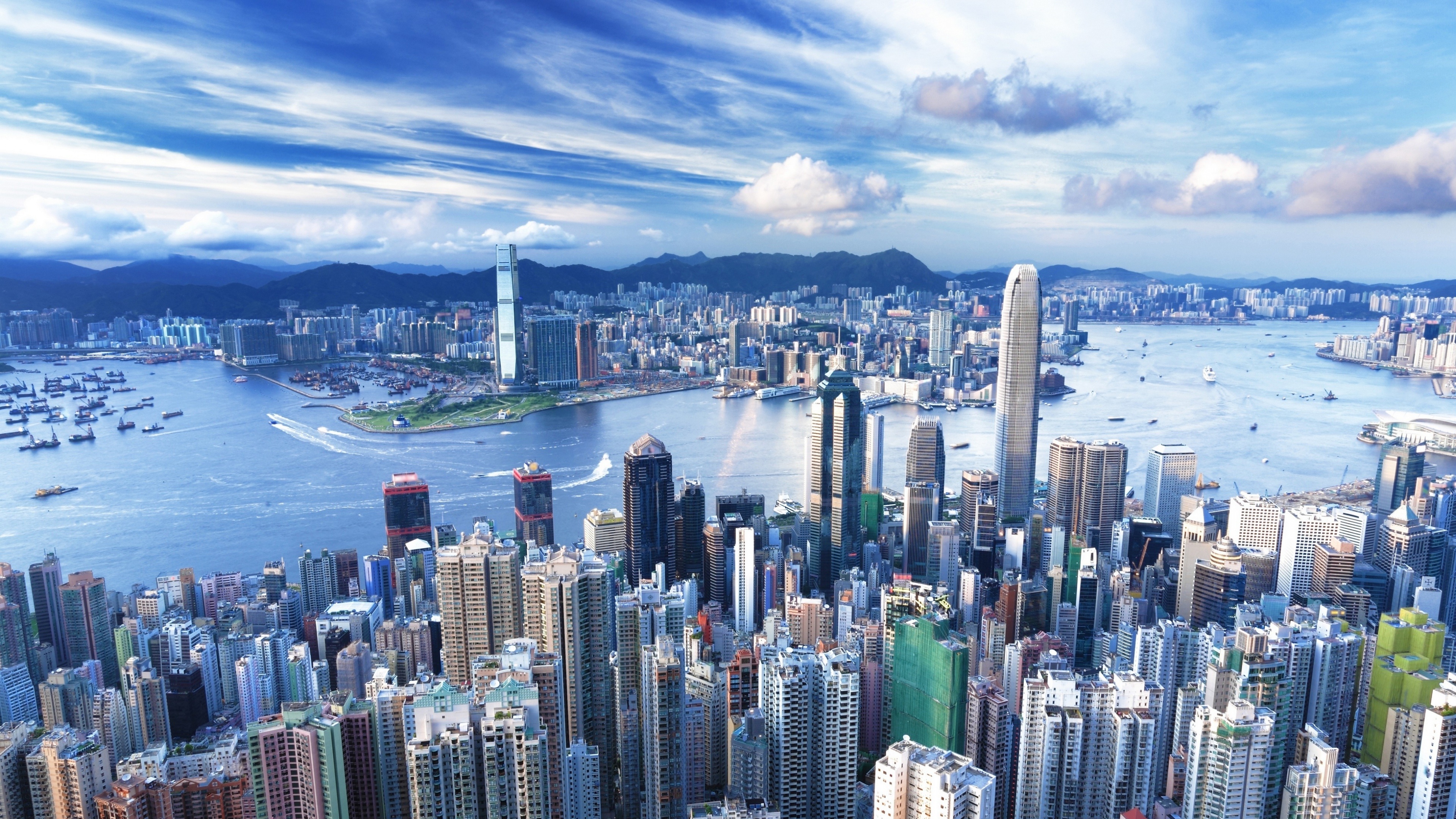 City: Hong Kong, Skyscrapers, International Commerce Centre, Two International Finance Centre, China. 3840x2160 4K Background.