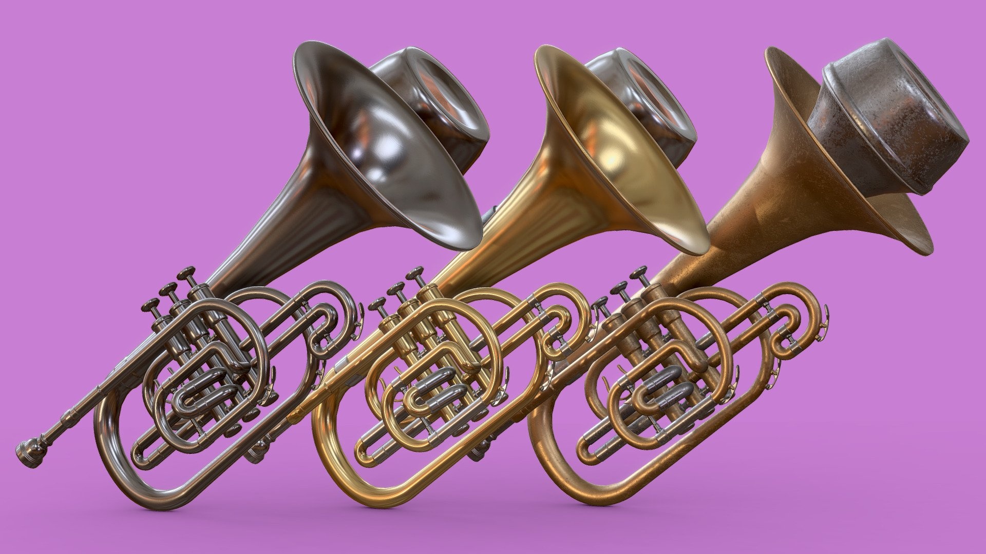 Mellophone: Pocket Trumpet, Reduced Bell And Bore Size Design, Labrophone, Jazz Mute, 3D Model. 1920x1080 Full HD Background.