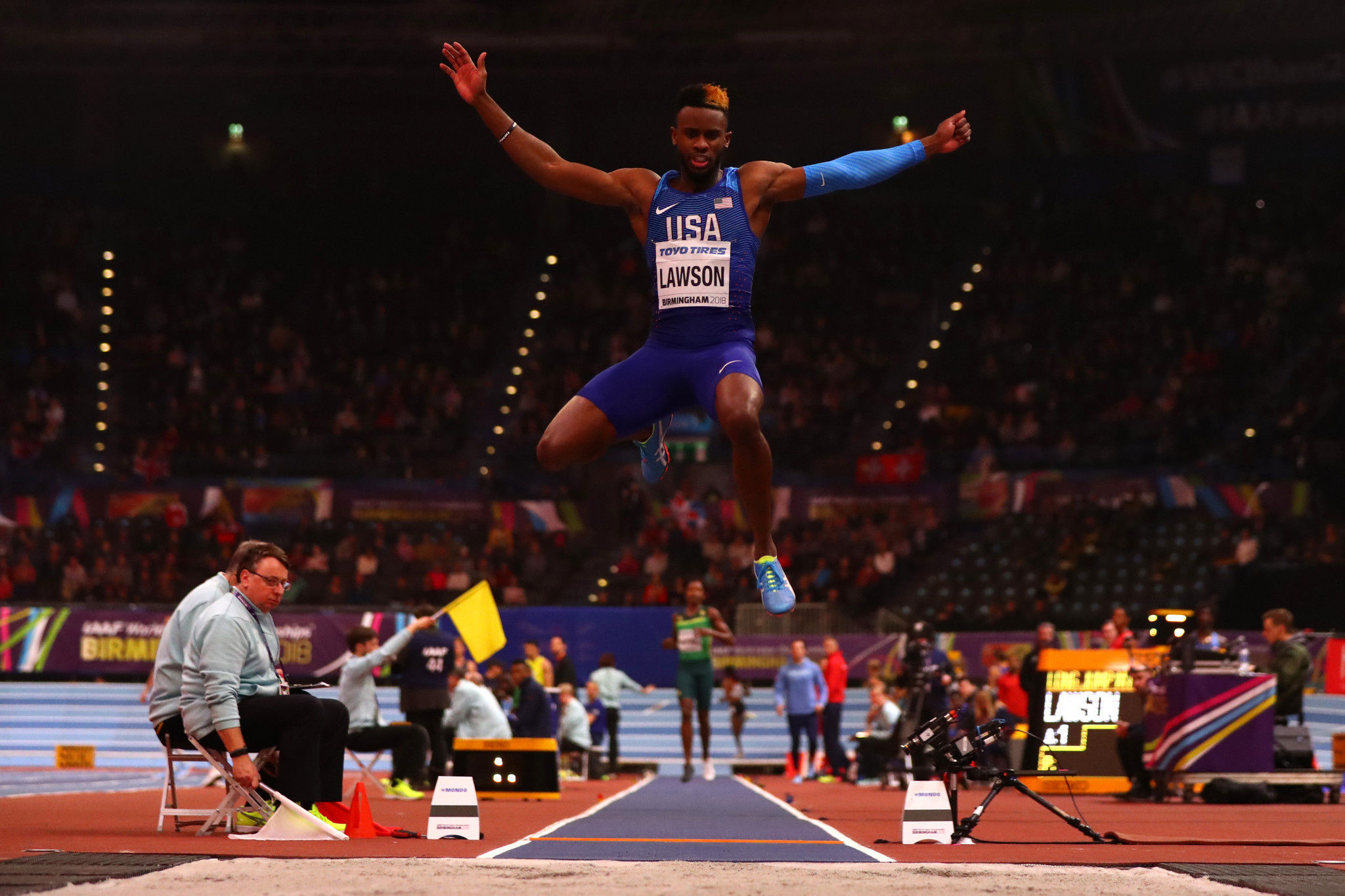 Long Jump: CAS, World Championship long jump silver medalist, Jarrion Lawson, Birmingham 2018. 2050x1370 HD Background.