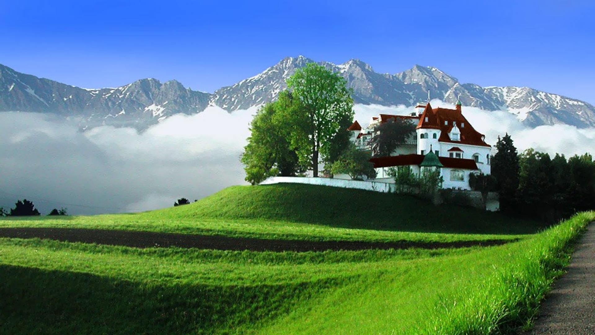 Landscape: An Austrian castle surrounded by the Alpine meadows, Amazing Alps. 1920x1080 Full HD Wallpaper.