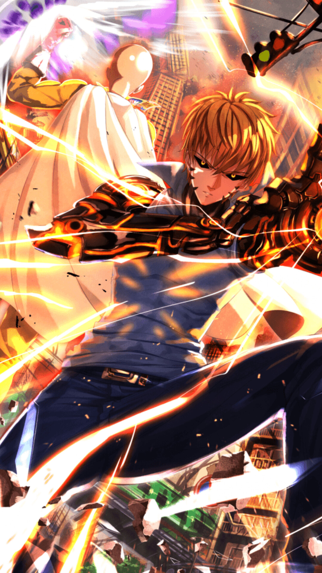 Genos: One Punch Man. Saitama, Post-Super-Fight-Arc Upgrade, True Spiral Incineration Cannon. 1080x1920 Full HD Wallpaper.