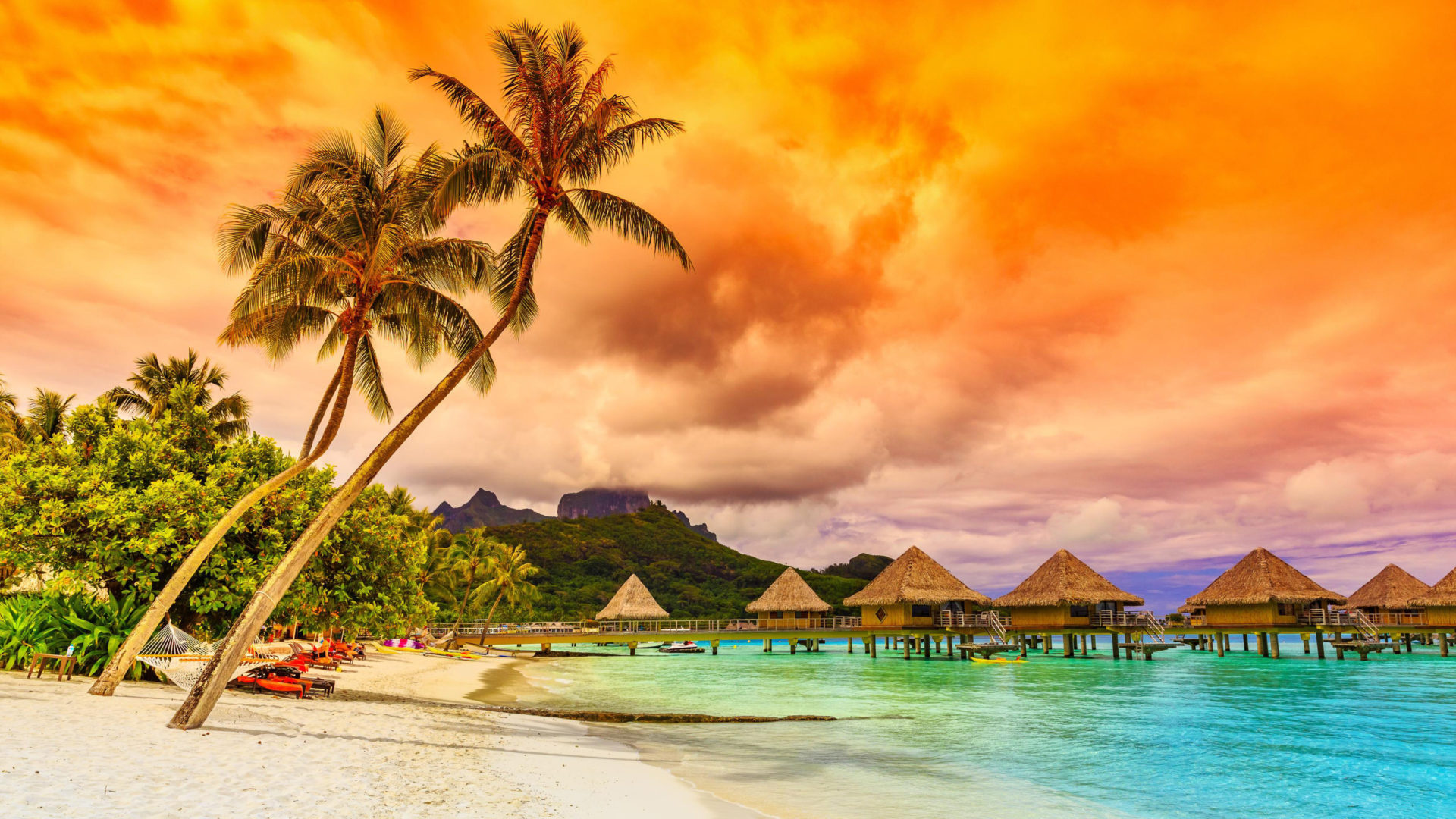 Bora Bora: Sunset, Tropical sea, Beach, Bungalows. 1920x1080 Full HD Wallpaper.