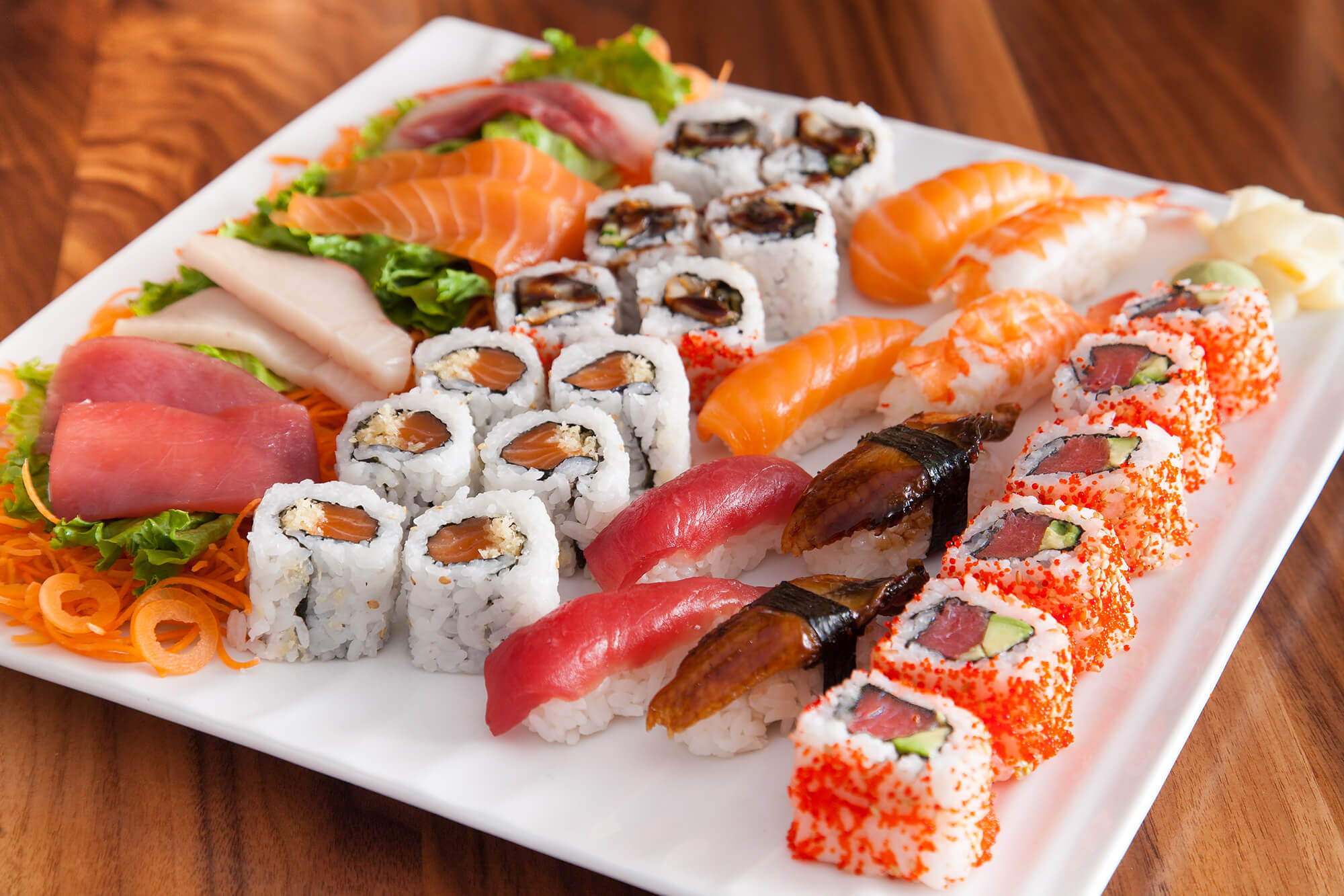 Sushi: A staple rice dish of Japanese cuisine, Seafood. 2000x1340 HD Wallpaper.
