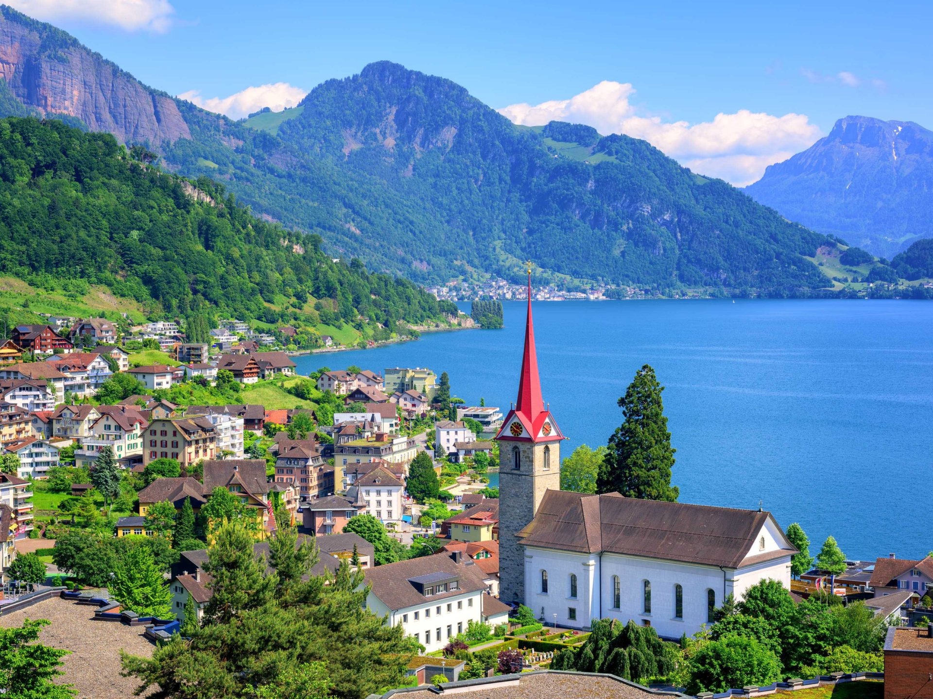 Lake Lucerne Switzerland, Gothic church, Swiss town, Serene lakeside, 1920x1440 HD Desktop