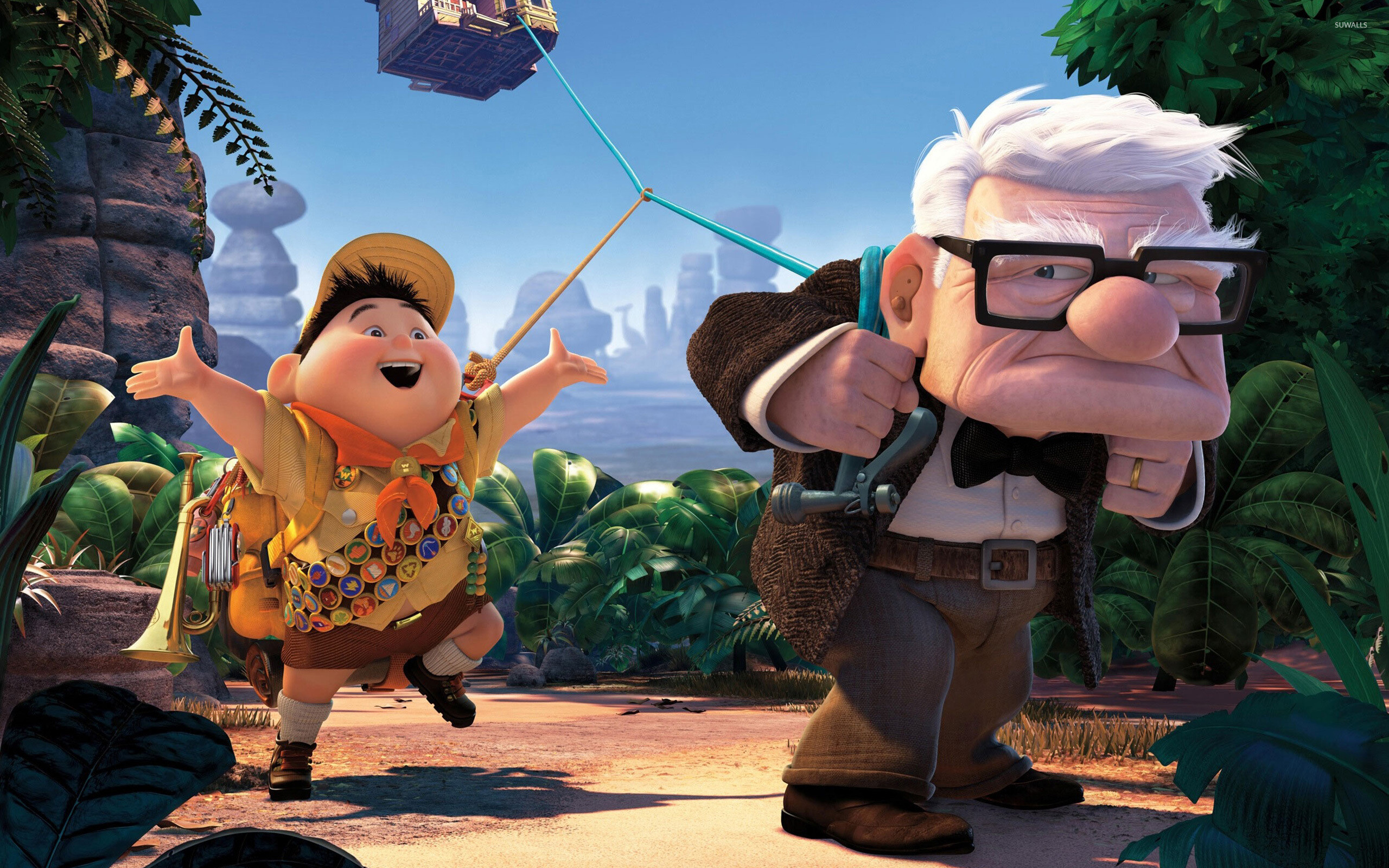 Up (Cartoon): An American computer-animated film, Centers on an elderly widower named Carl and a young Wilderness Explorer named Russell. 2560x1600 HD Background.