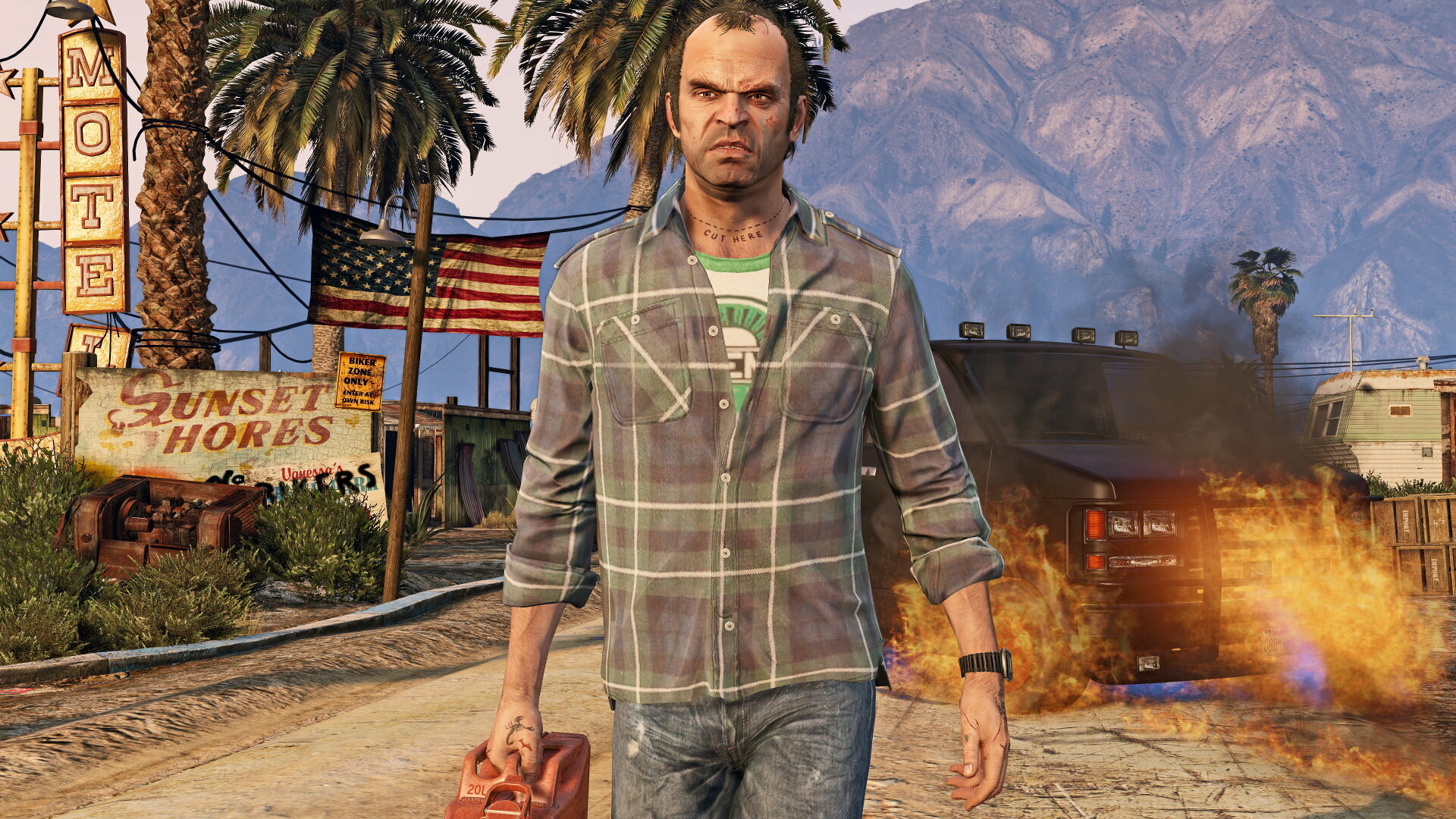 Grand Theft Auto 5: A career criminal and former bank robber, Trevor leads his own organization, Trevor Philips Enterprises. 1920x1080 Full HD Wallpaper.