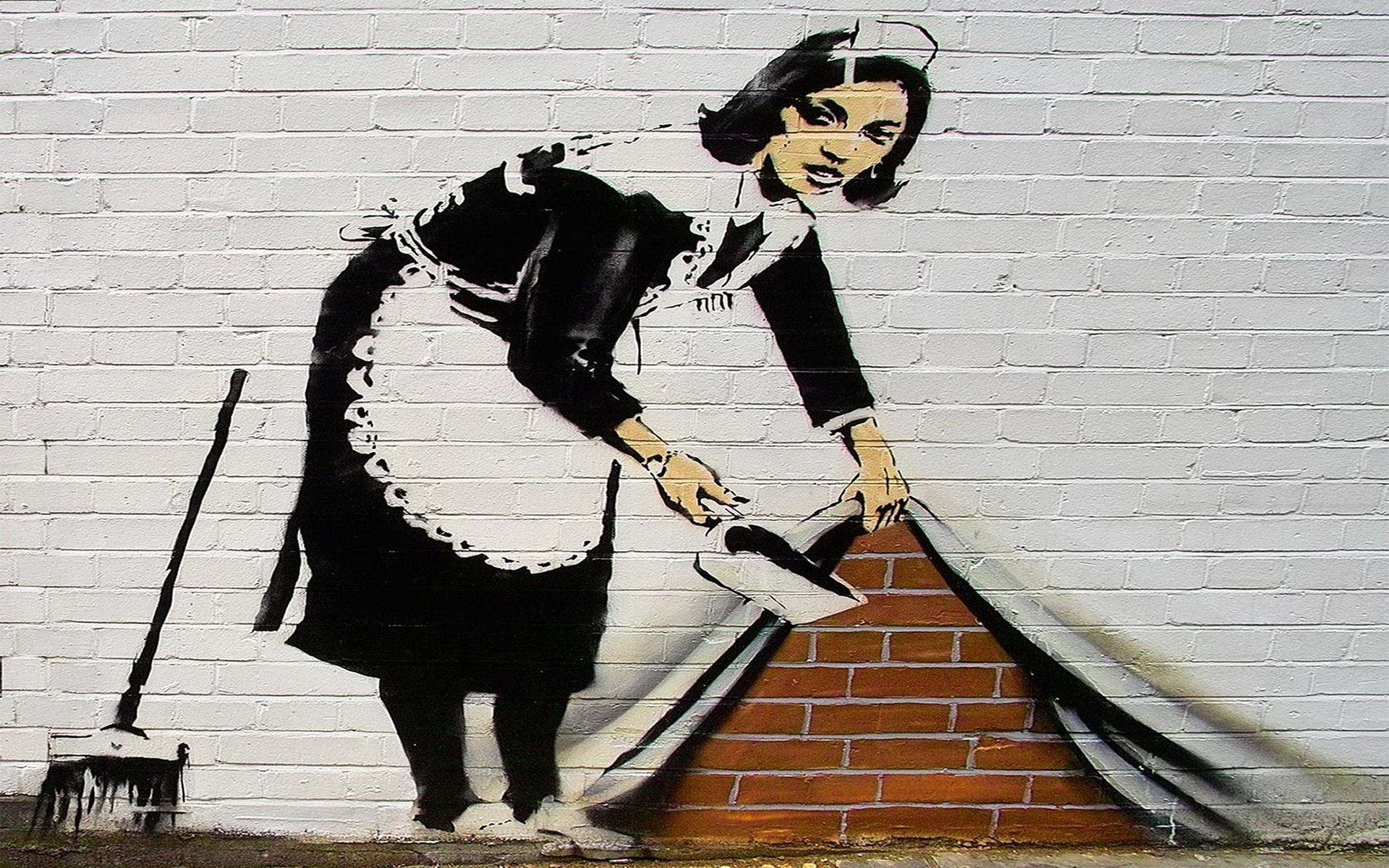 Banksy: Sweep it Under the Carpet appeared on a wall on Chalk Farm Road, North London in 2006. 1920x1200 HD Background.