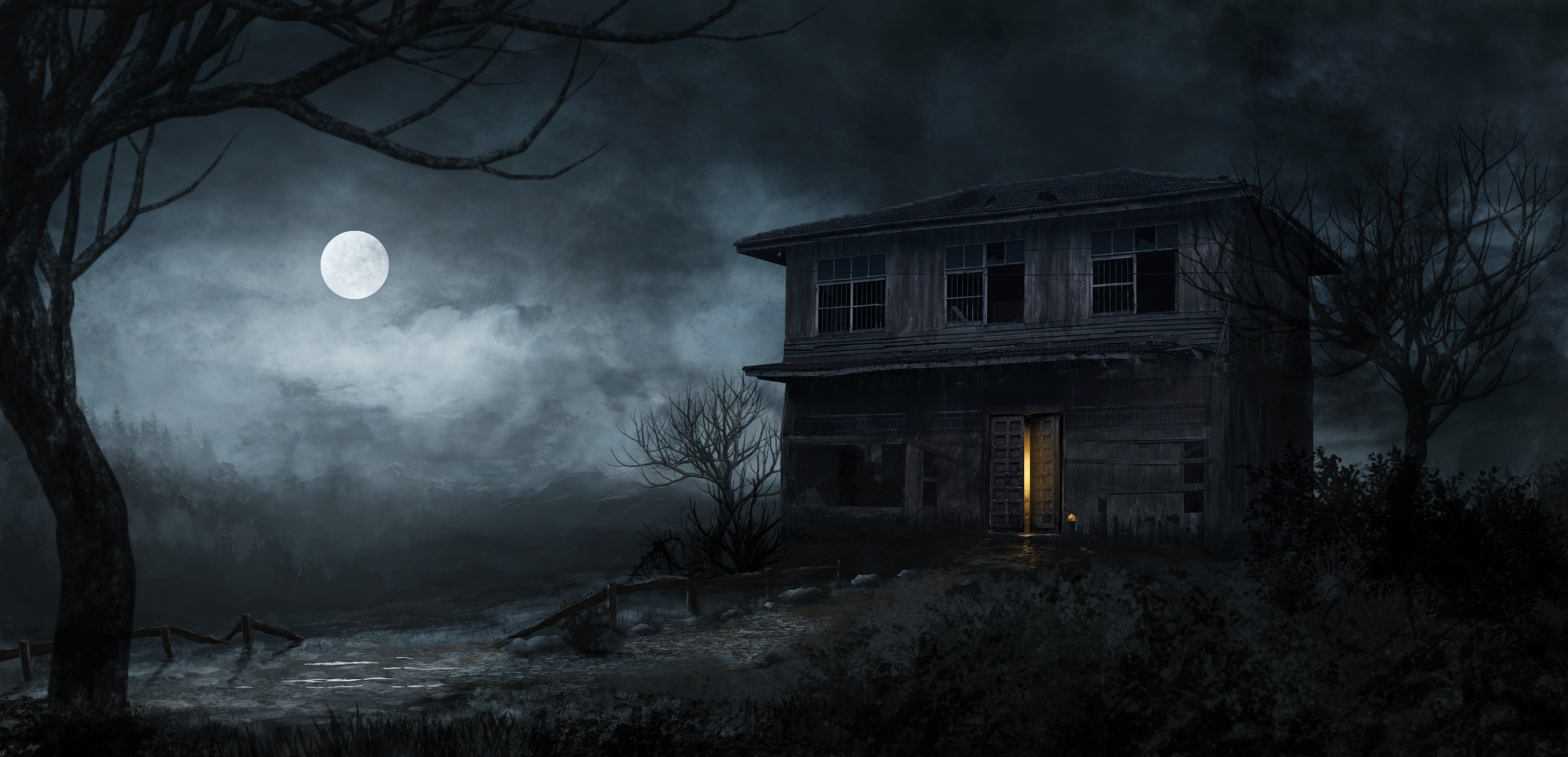 Haunted house, Sinister secrets, Eerie architecture, Mysterious allure, 2900x1400 Dual Screen Desktop
