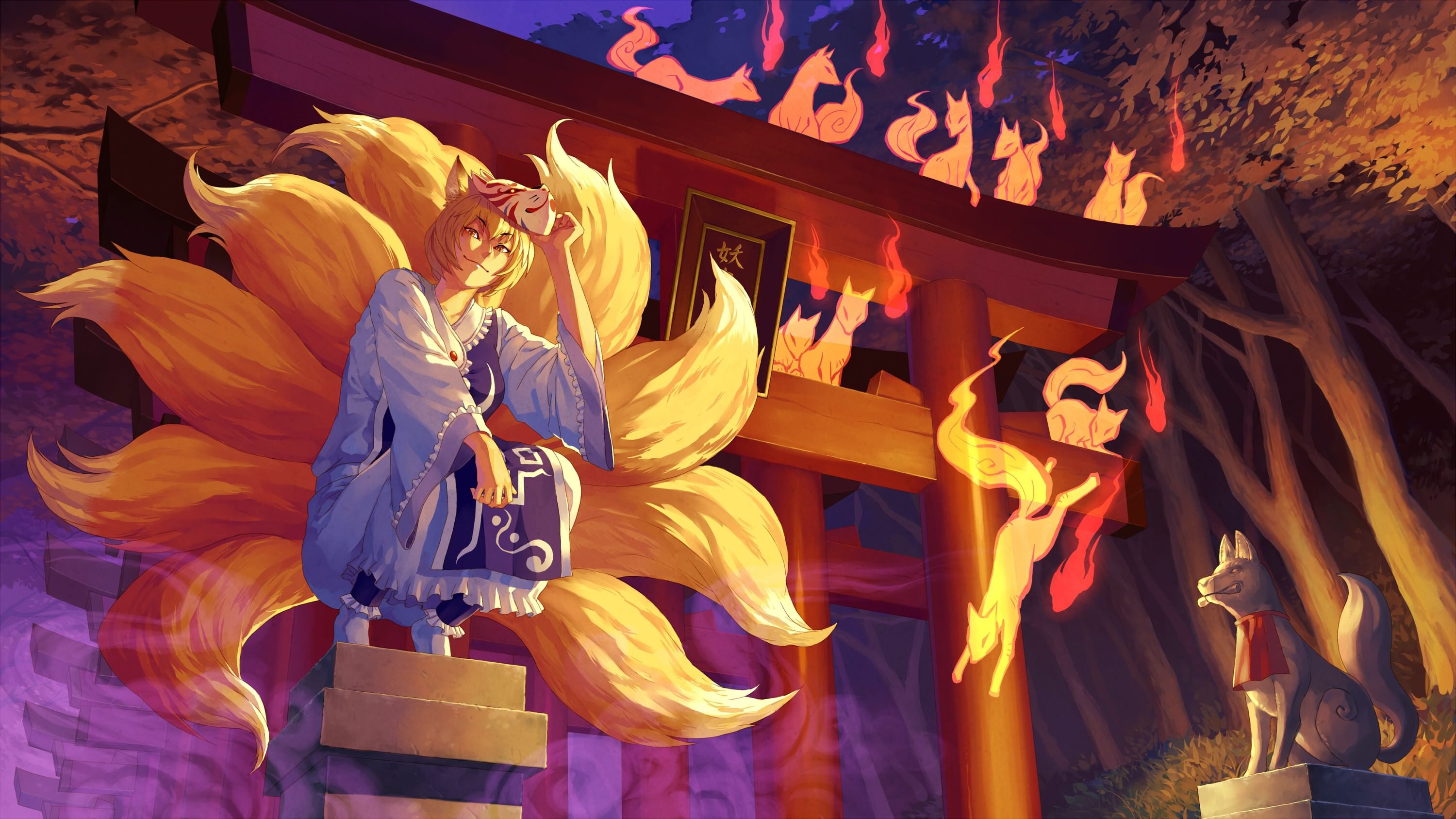 Kitsune redux album, Intriguing Japanese folklore, Captivating artwork, Mythical fox warriors, 3000x1690 HD Desktop