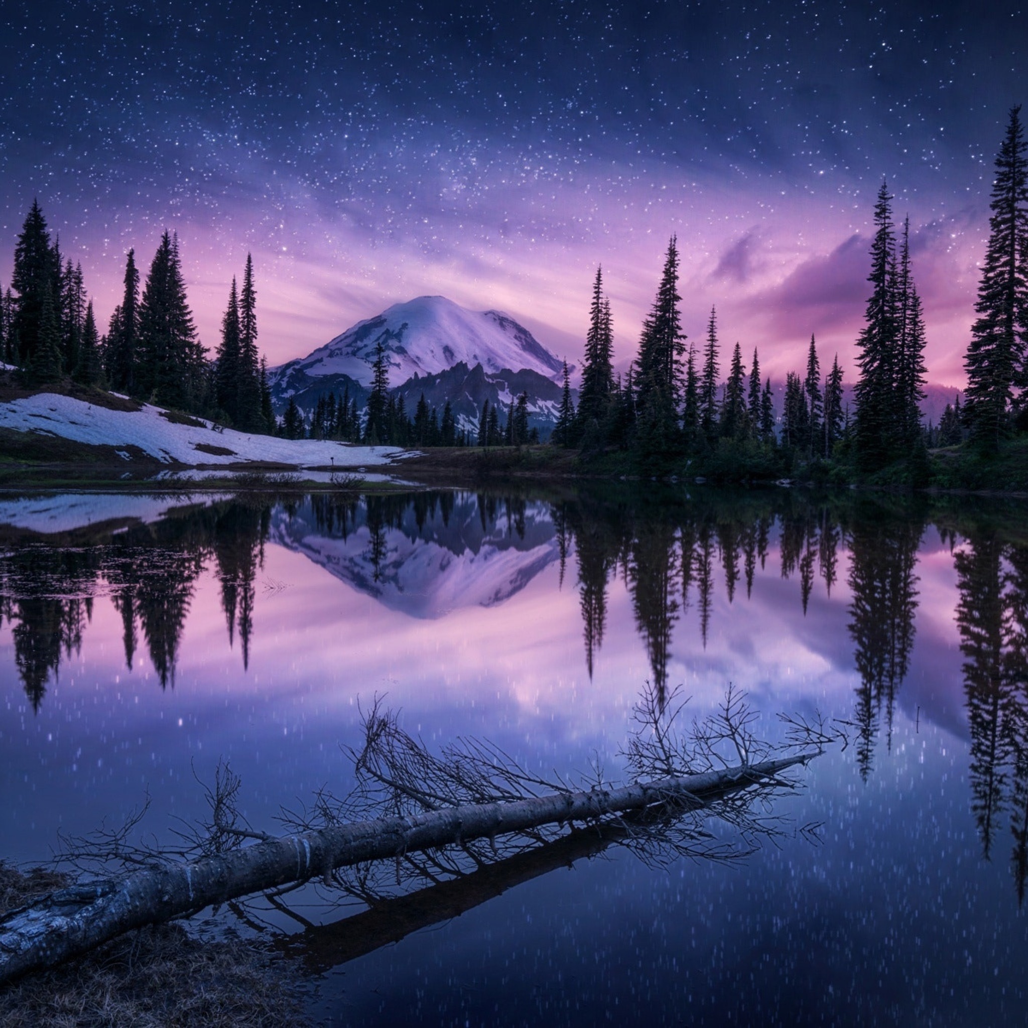 Mount Rainier National Park, Night Reflection, Tranquil Lake, Serene Atmosphere, 2050x2050 HD Handy