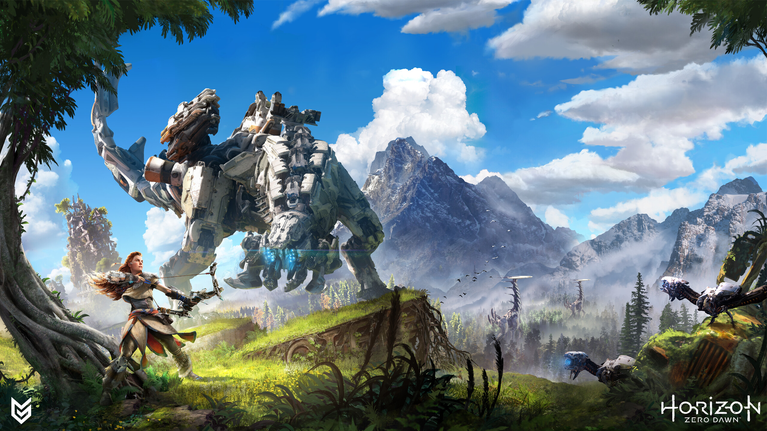 Horizon Zero Dawn: Aloy, a skilled hunter, exploring a vibrant and lush world inhabited by mysterious mechanized creatures. 2560x1440 HD Background.