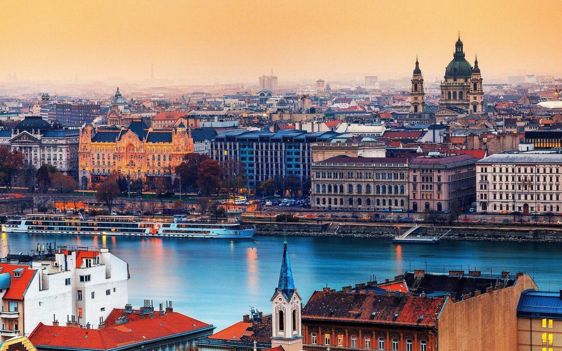 Budapest: City waterfront, Danube, St. Stephen's Basilica. 1920x1200 HD Wallpaper.