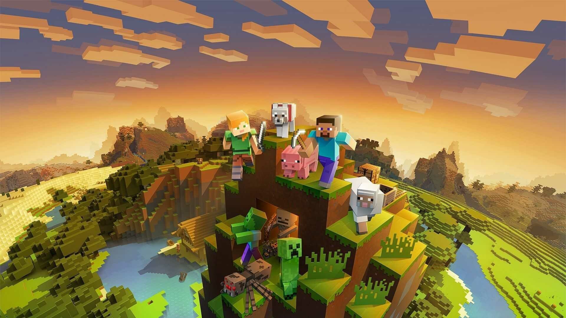Minecraft: Players encounter various non-player characters known as mobs, such as animals, villagers, and hostile creatures. 1920x1080 Full HD Wallpaper.