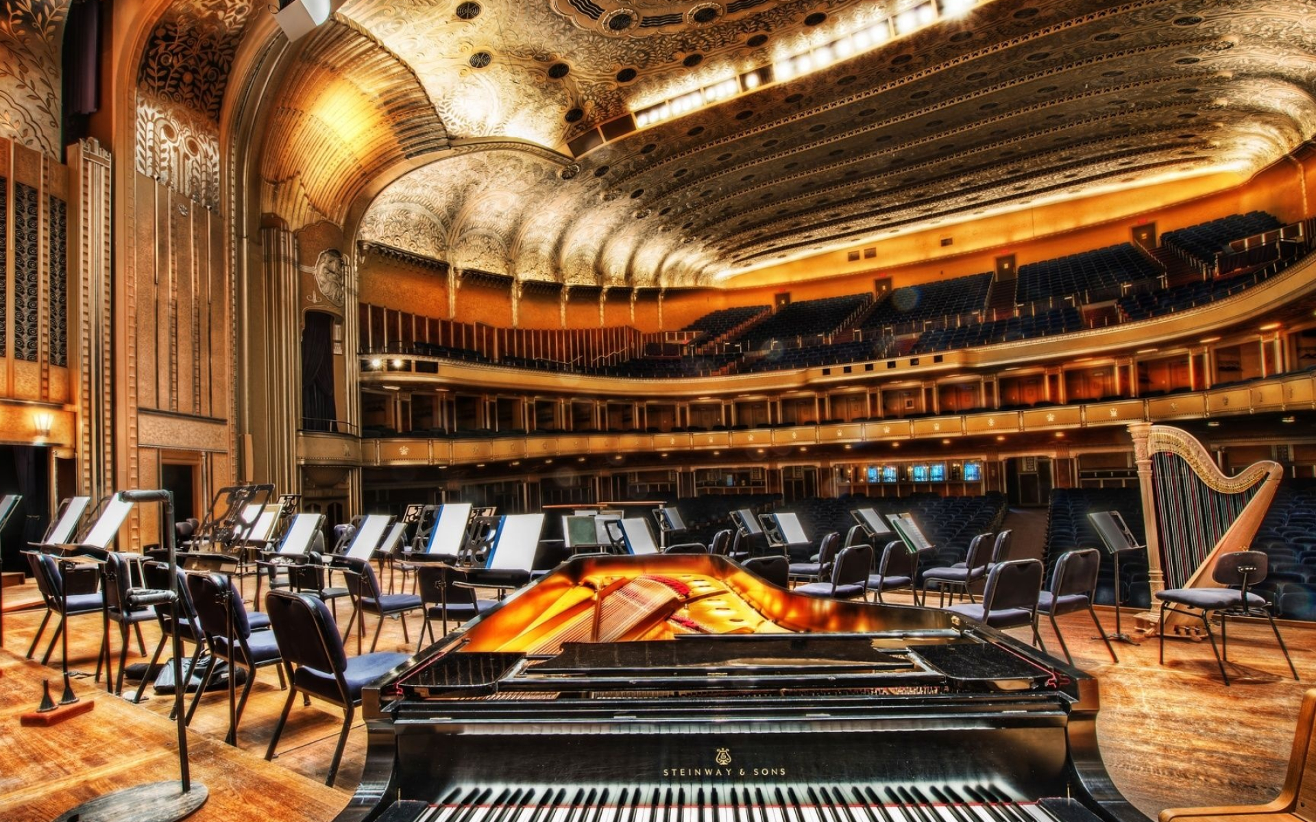 Fortepiano: Steinway And Sons, Music Hall Concert, Symphony Orchestra. 1920x1200 HD Wallpaper.
