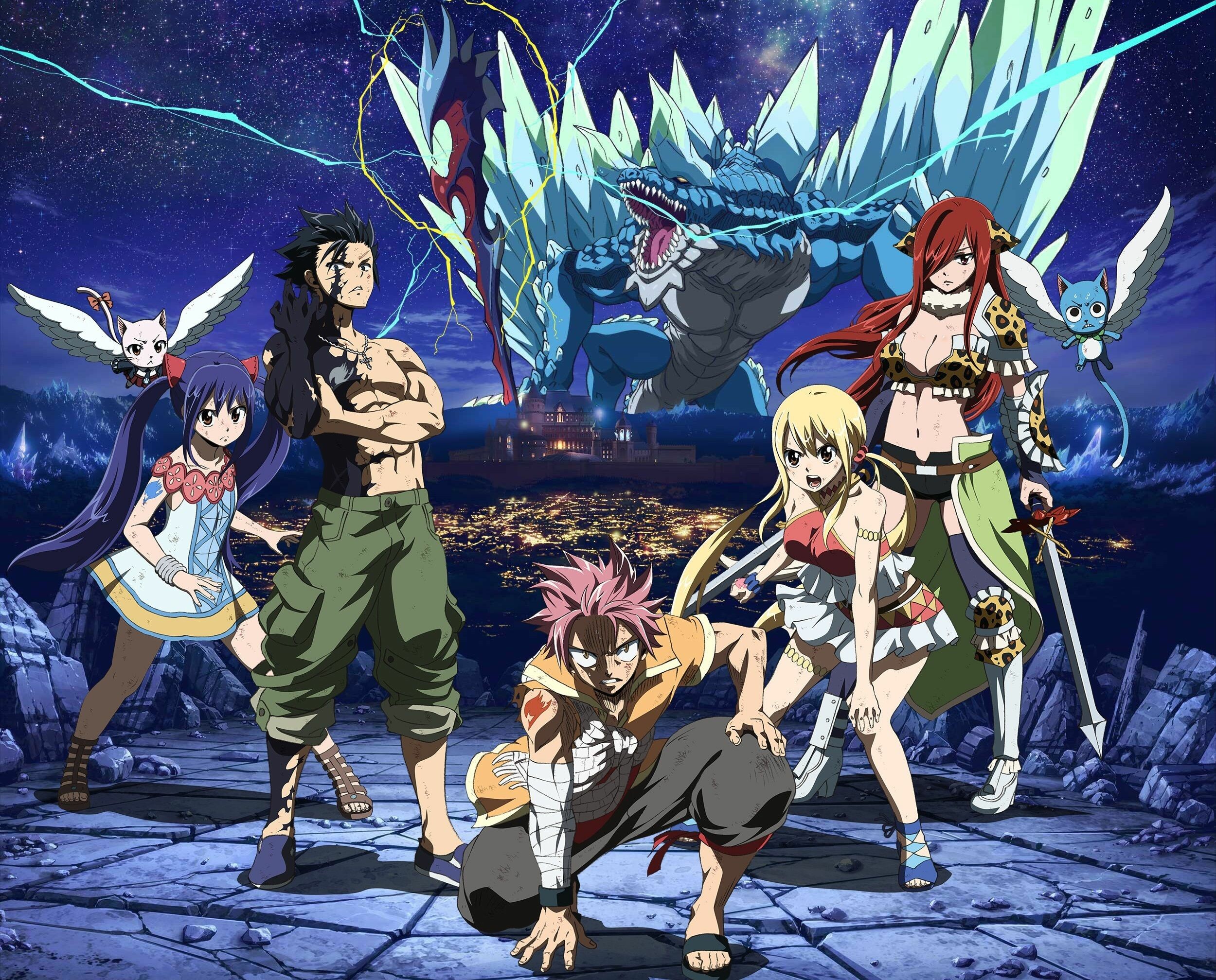 Fairy Tail: Erza Scarlet, Wendy Marvell, Lucy Heartfilia, Natsu Dragneel, Gray Fullbuster. 2500x2020 HD Background.