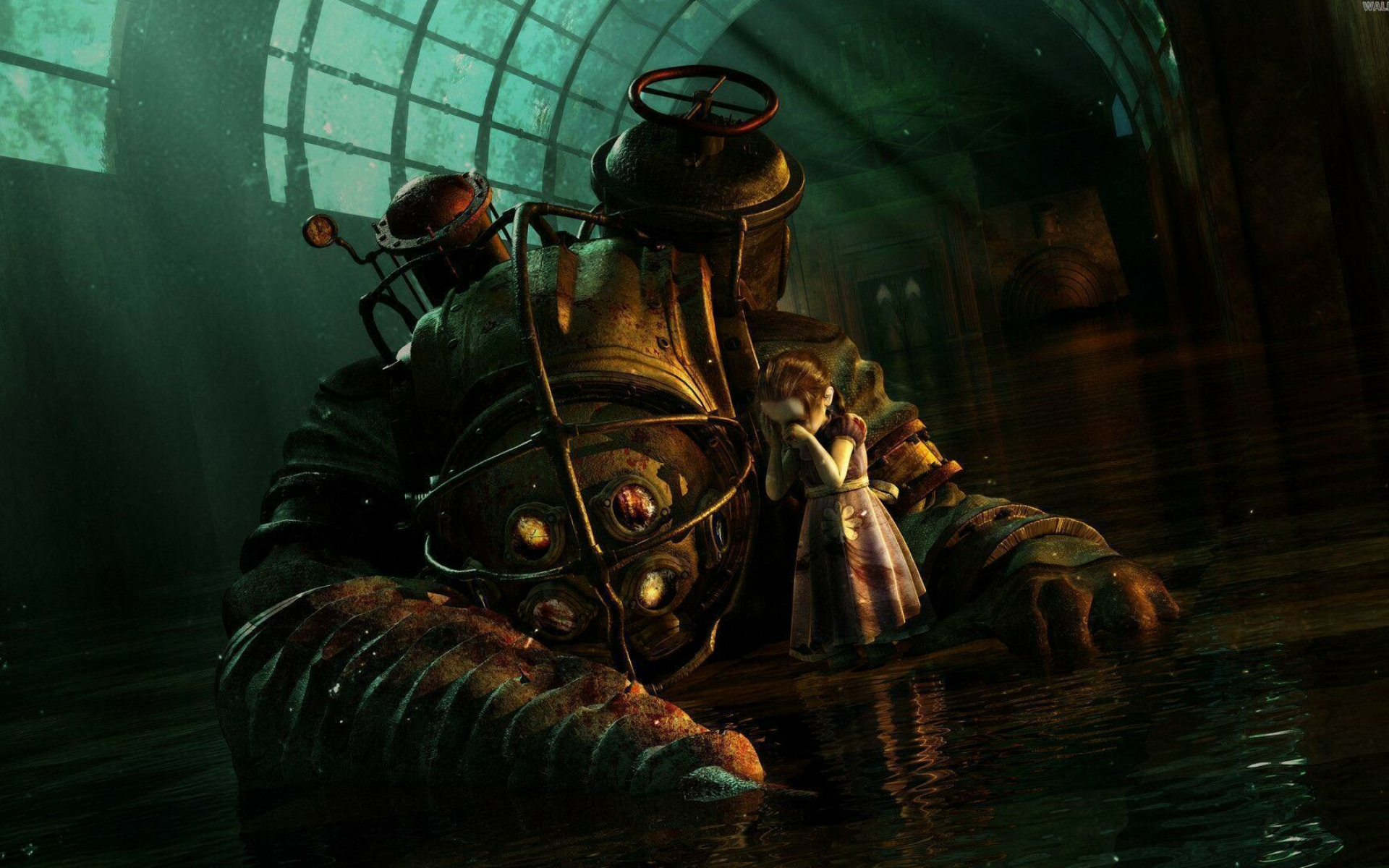 BioShock: Big Daddies, Roam the underwater dystopian city of Rapture. 1920x1200 HD Background.