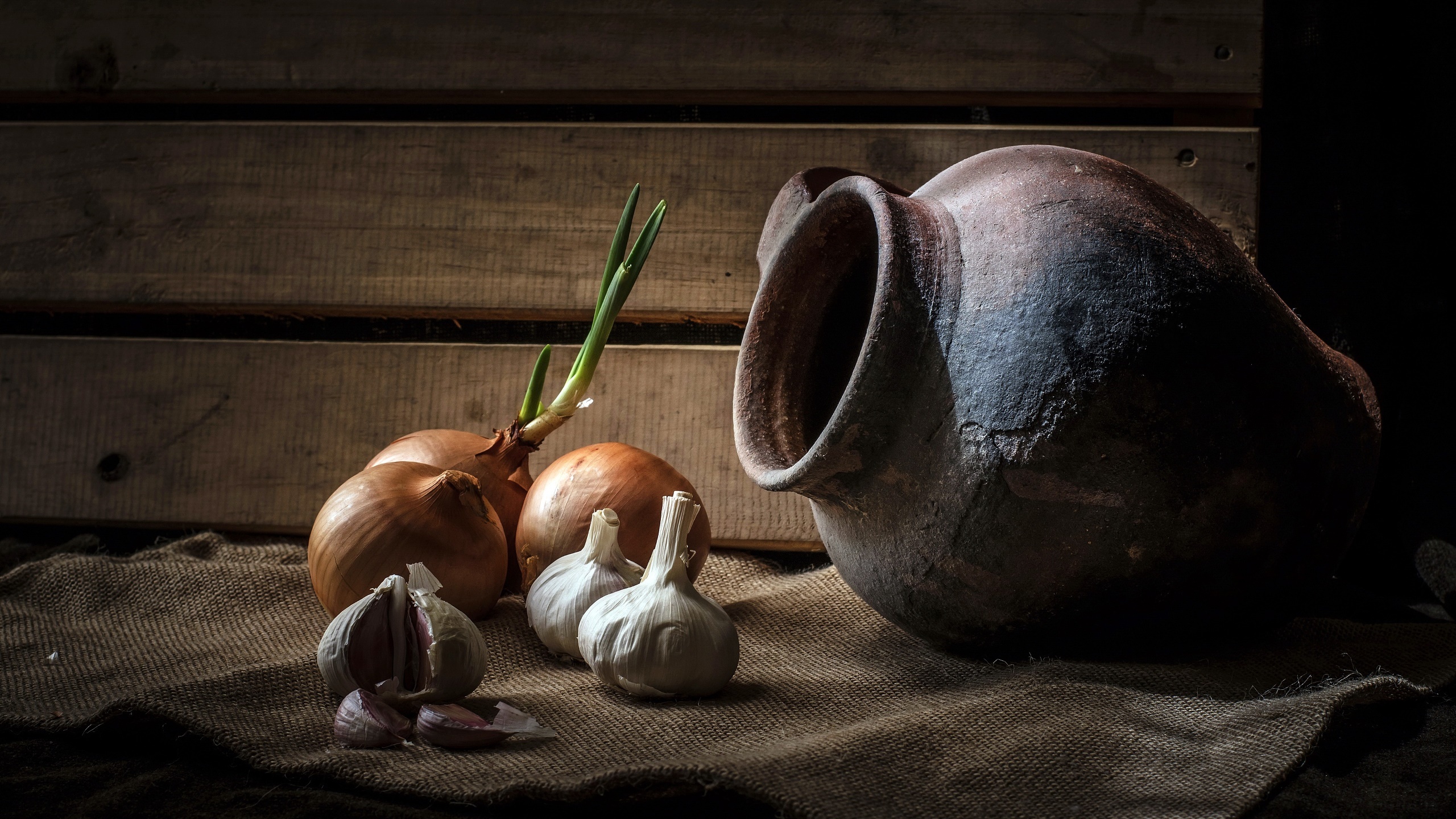 Onions and garlic, Still life wallpaper, Vibrant vegetables, Food photography, 2560x1440 HD Desktop