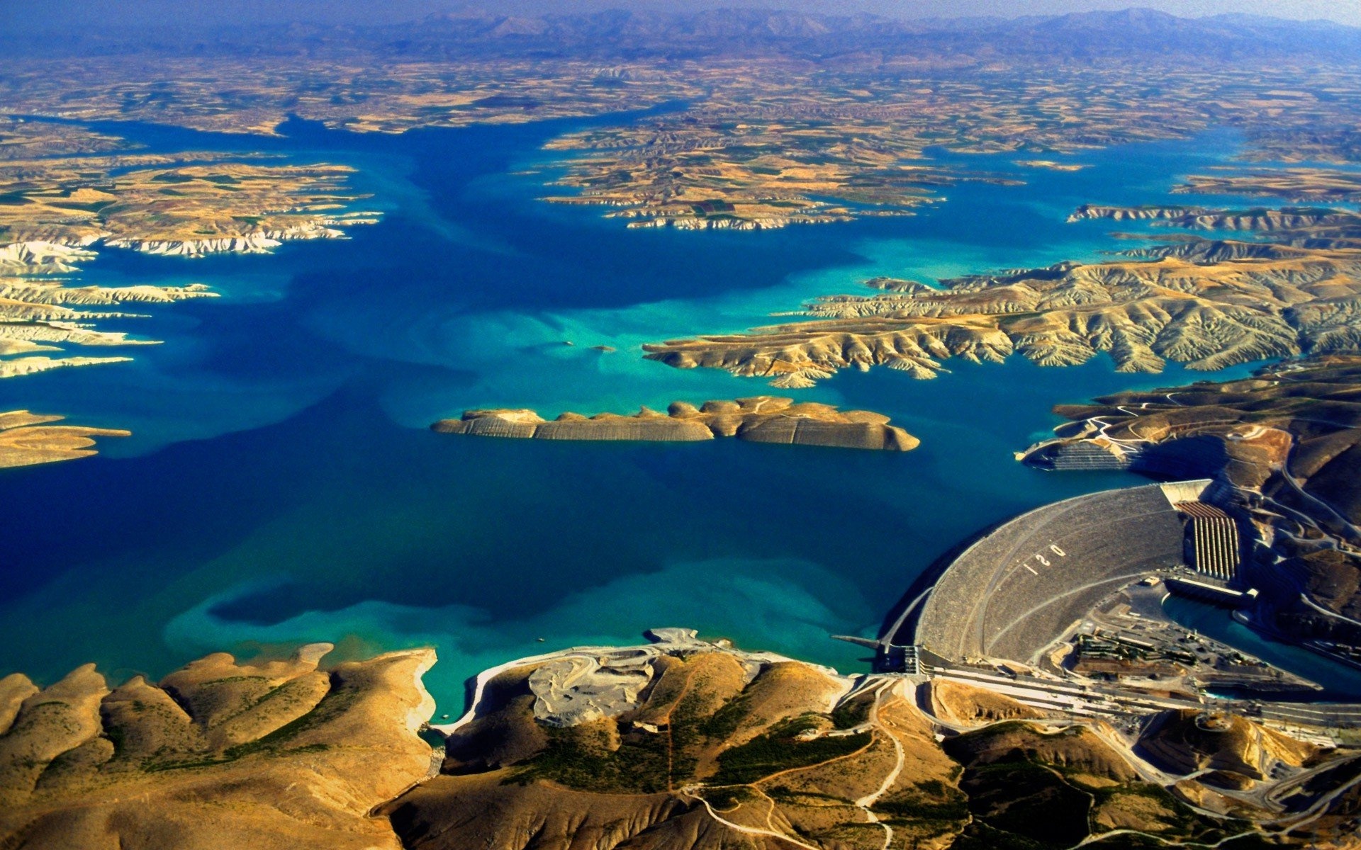Euphrates River, Aerial view, Ataturk Dam, Turkish landscape, 1920x1200 HD Desktop