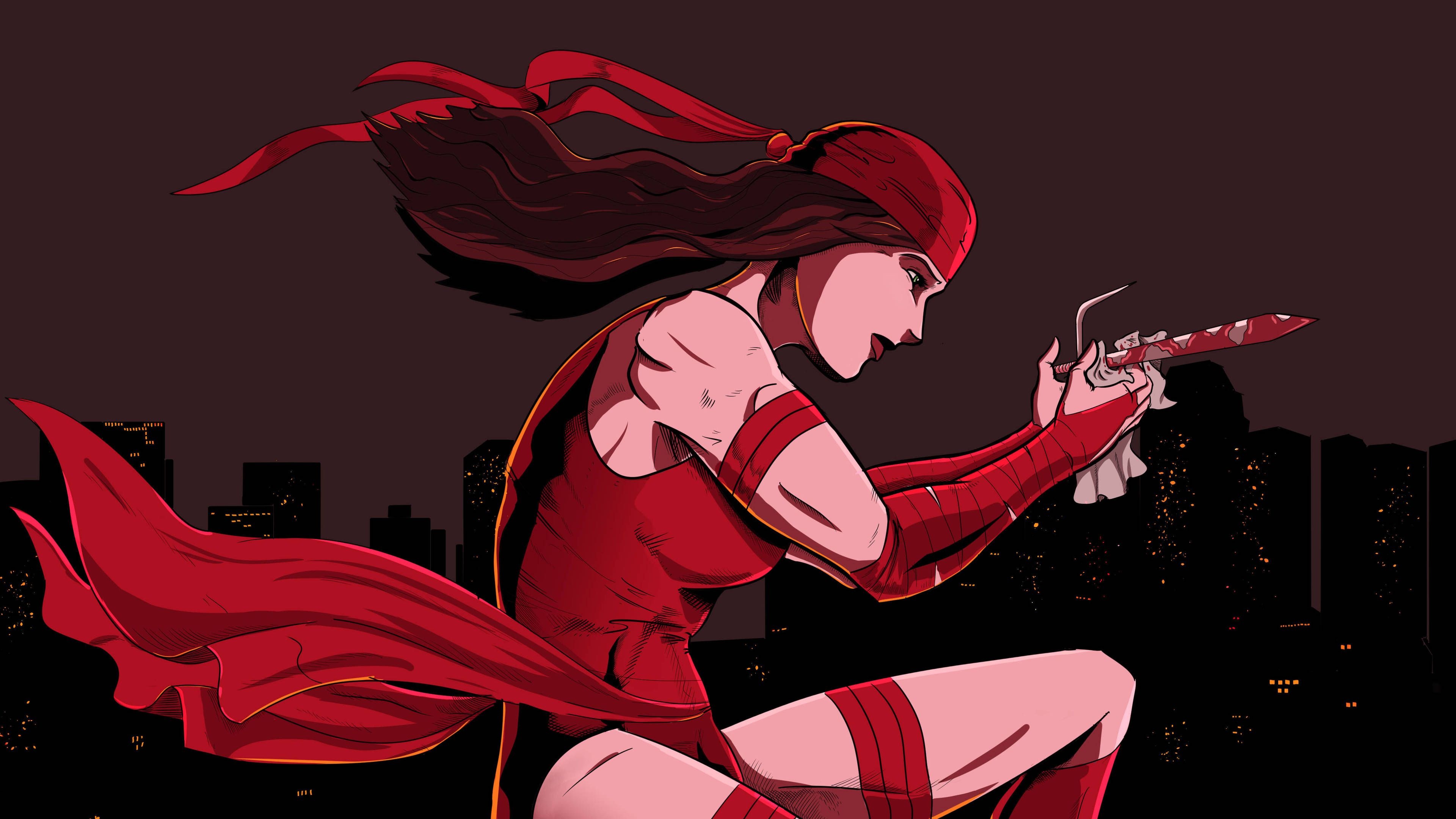 Elektra: American comic strip superhero created for Marvel Comics by writer and artist Frank Miller. 3840x2160 4K Background.