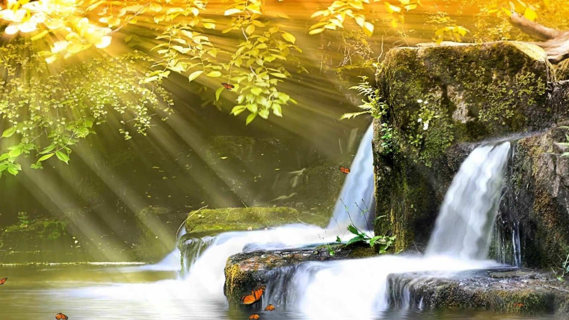 Waterfall: A part of a stream where it flows over a steep drop. 1920x1080 Full HD Background.