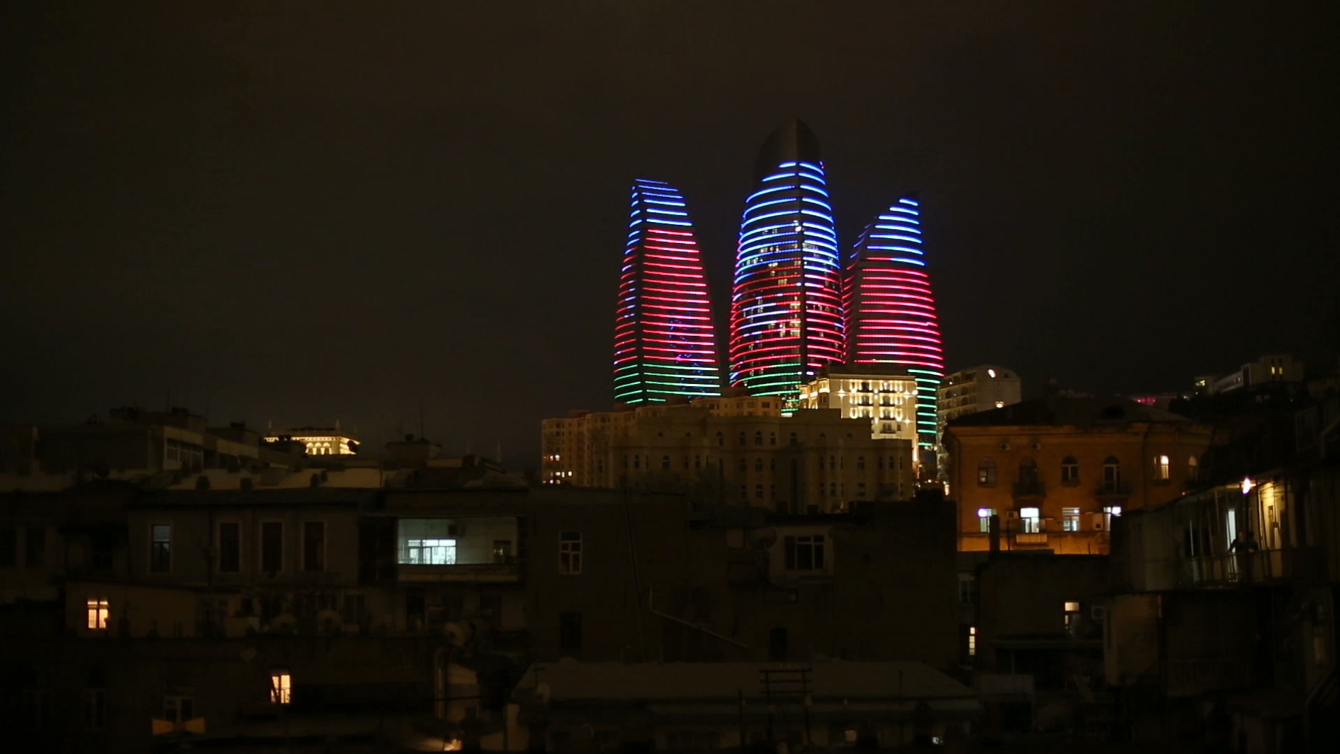 Azerbaijan: Night view of the Flame Towers, Capital city, AZ. 1920x1080 Full HD Wallpaper.