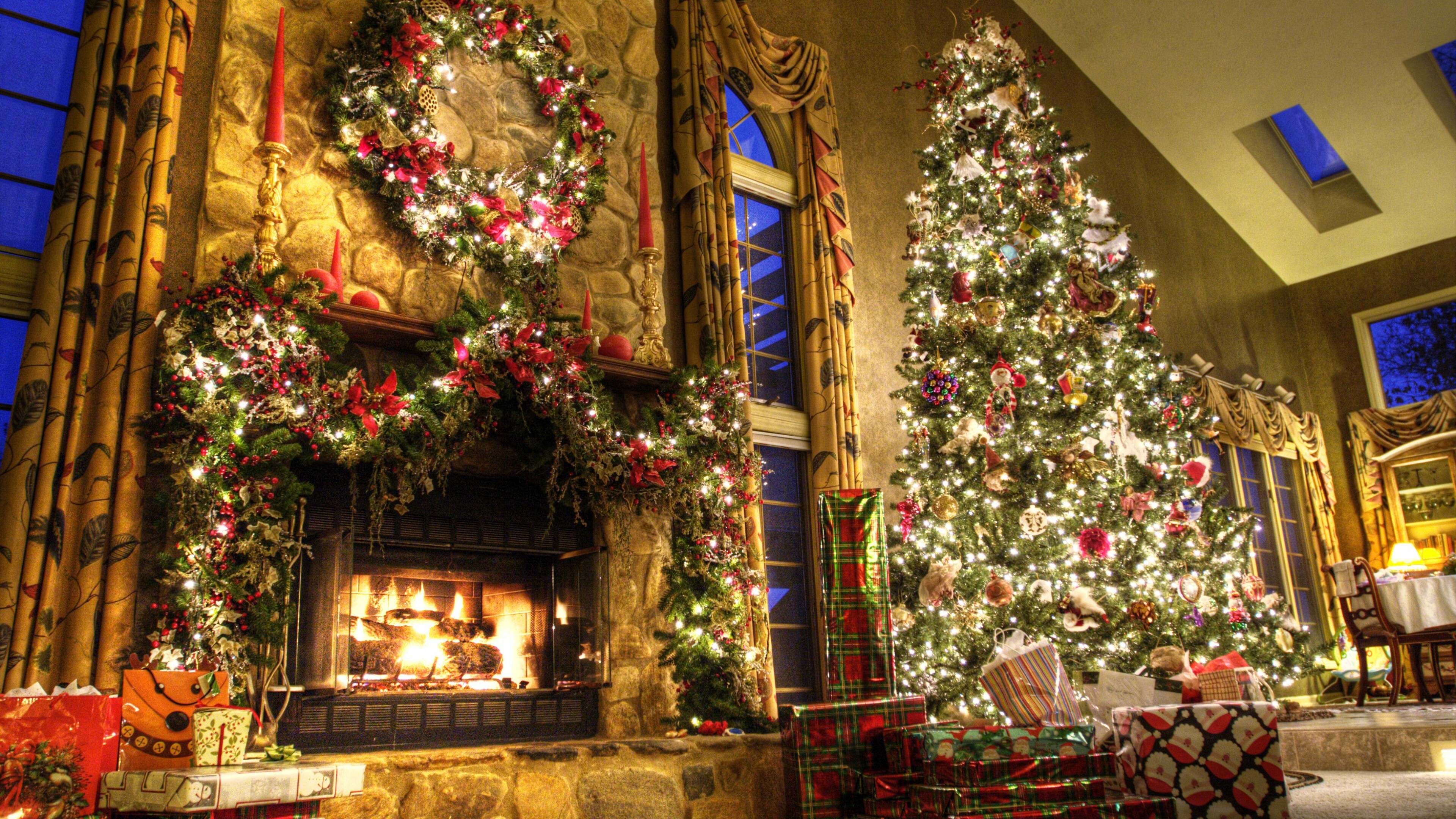 Christmas Fireplace: New Year, Decor, Fir-tree, Fire, Lights, Room, Gifts. 3840x2160 4K Background.