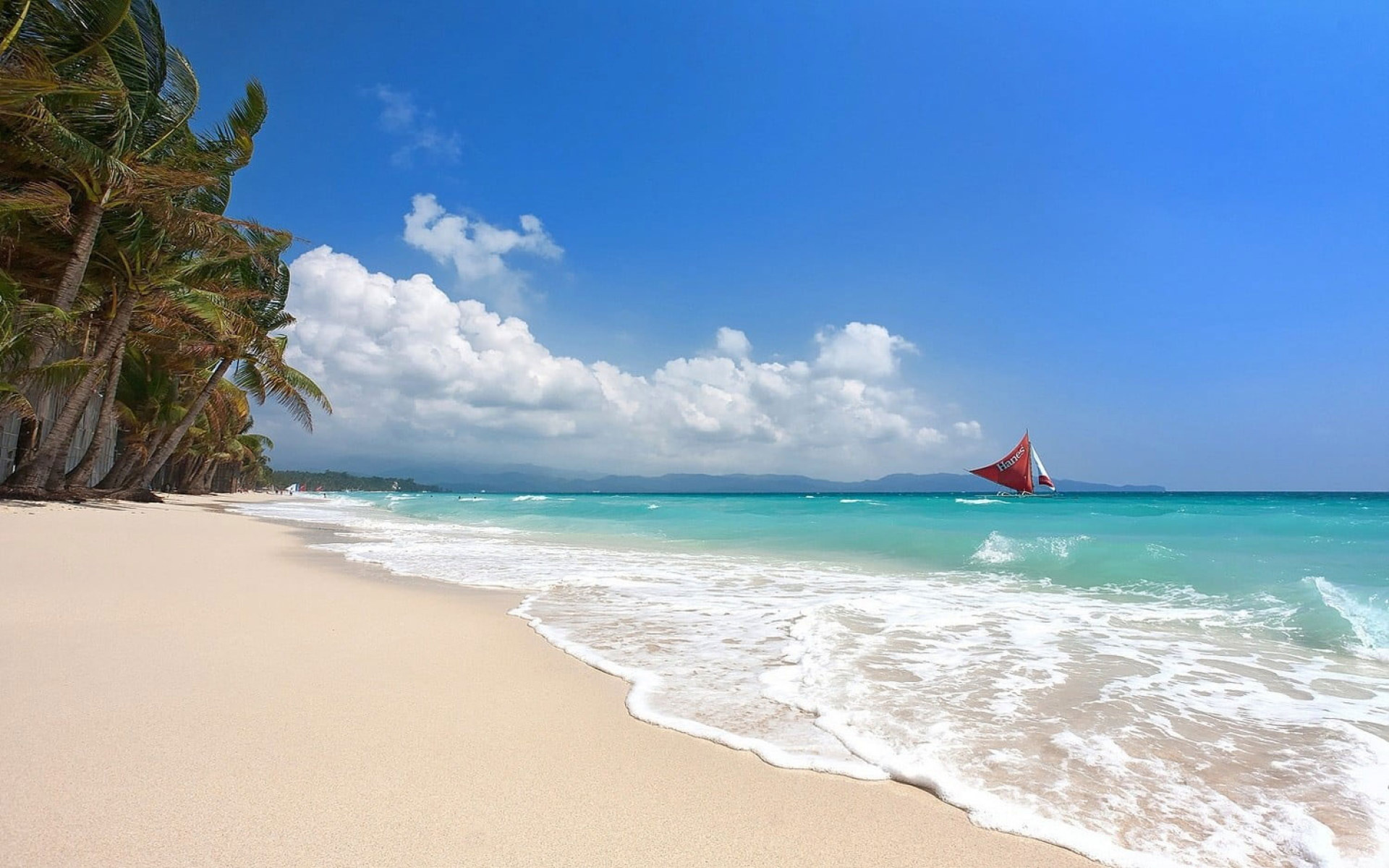 Coconut trees, Tropical sailboats, Boracay Island, Philippines, 1920x1200 HD Desktop