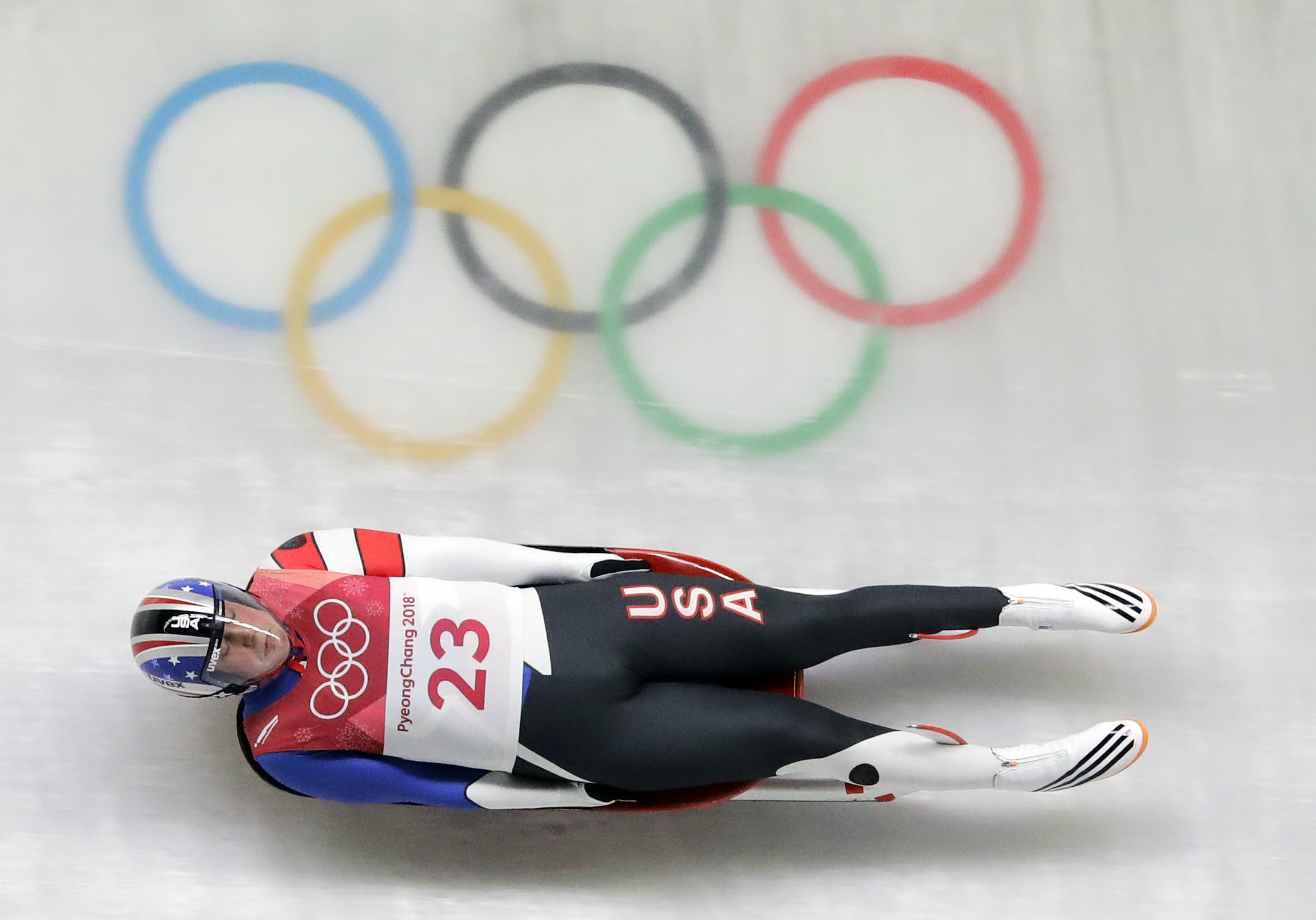 Luge: Taylor Morris of The US at the final heats of the men's competition at the 2018 Winter Olympics in Pyeongchang. 2190x1530 HD Background.