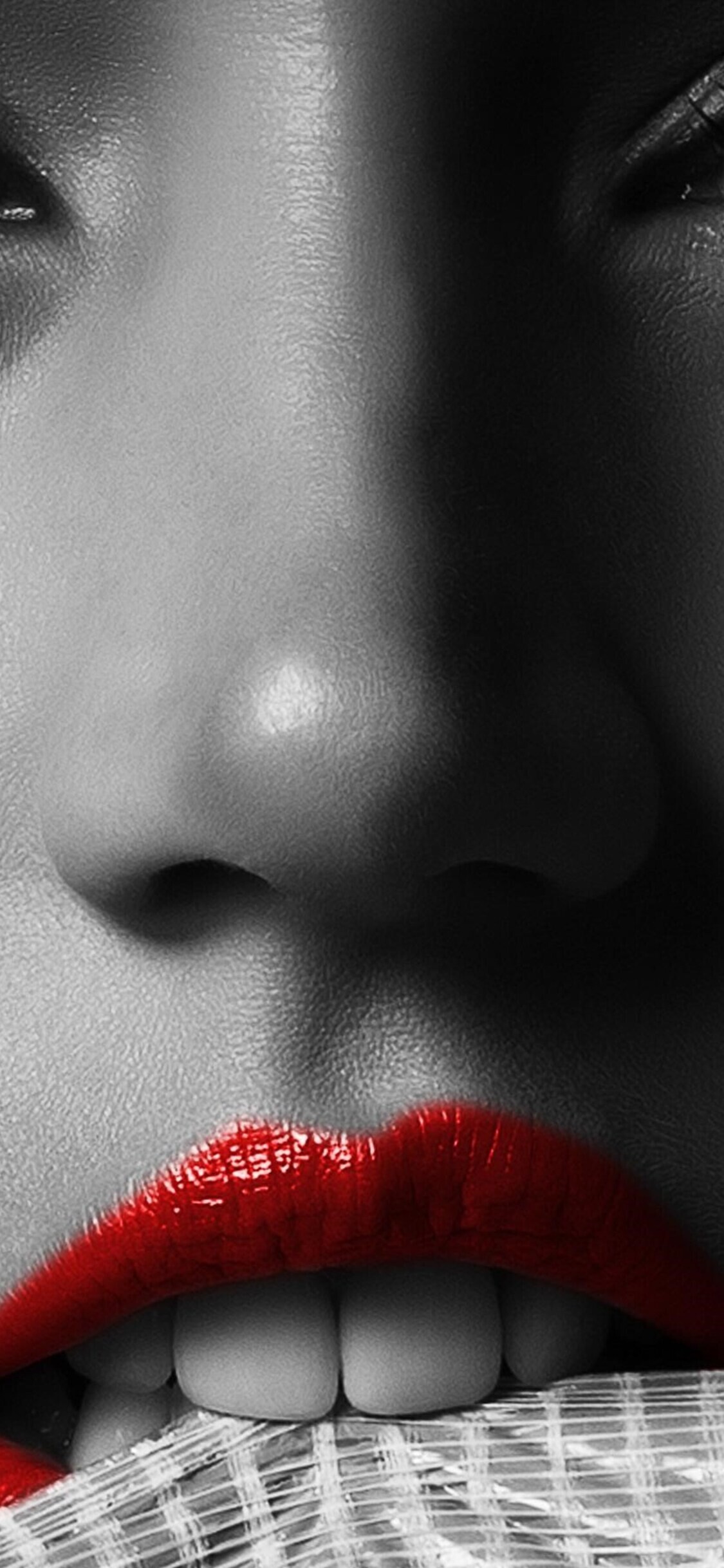 Lipstick: Brightly colored red lip on a monochrome face, Transforming people's' appearance via make-up. 1130x2440 HD Background.