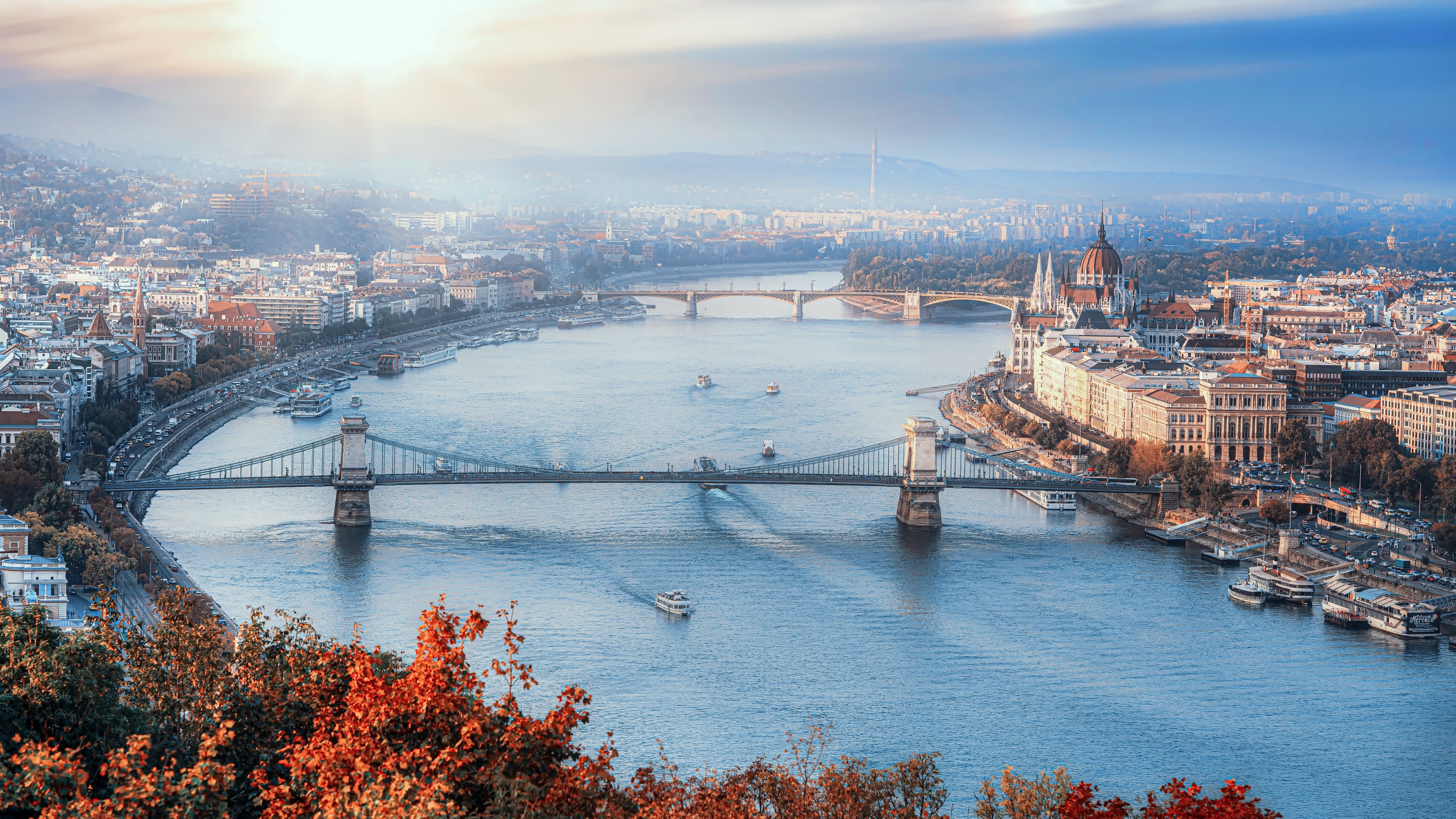 Budapest: Hungary, Capital city, The Szechenyi Chain Bridge. 3840x2160 4K Background.