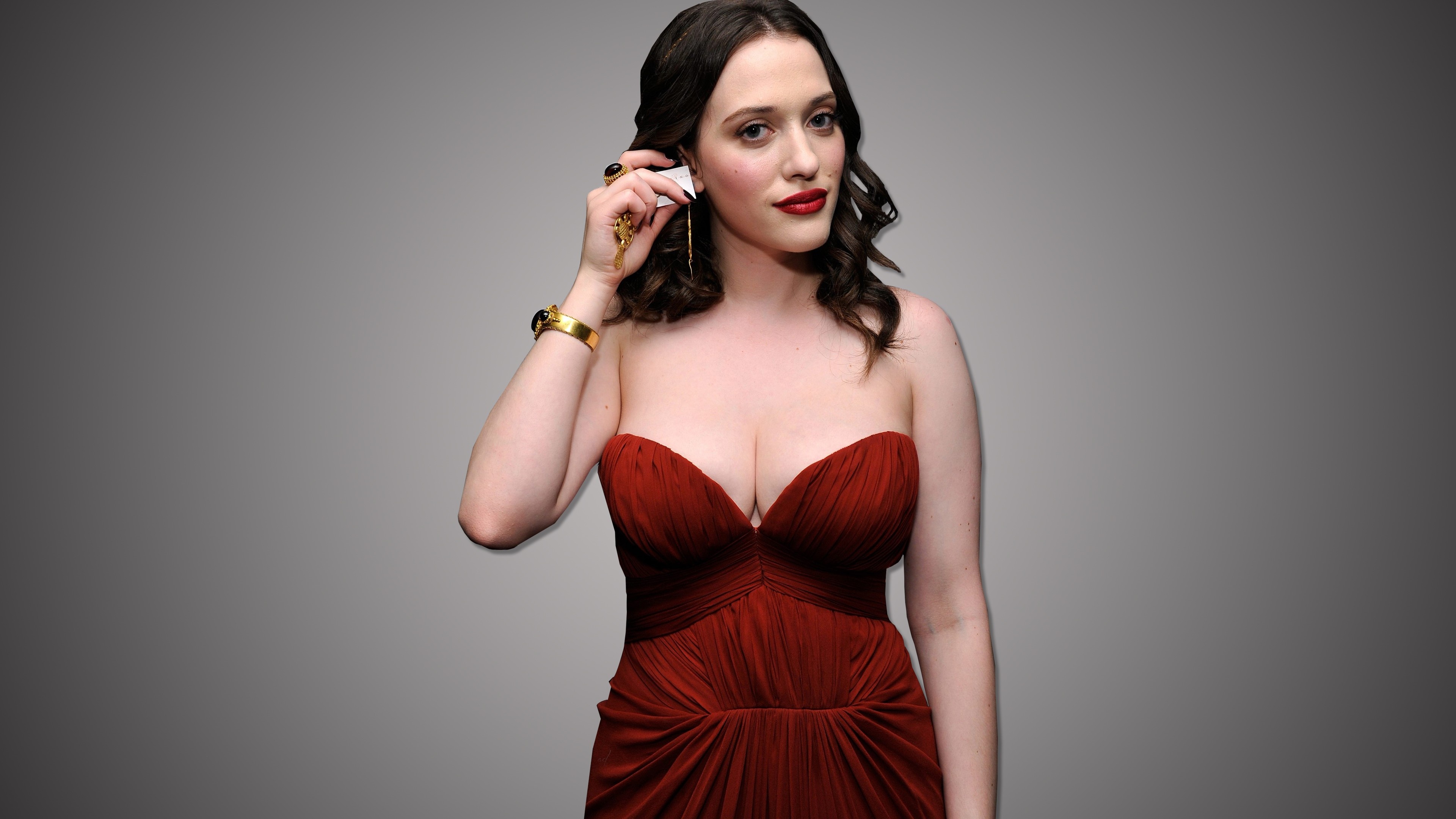 Kat Dennings, Actress, Brunette, Red Dress, 3840x2160 4K Desktop