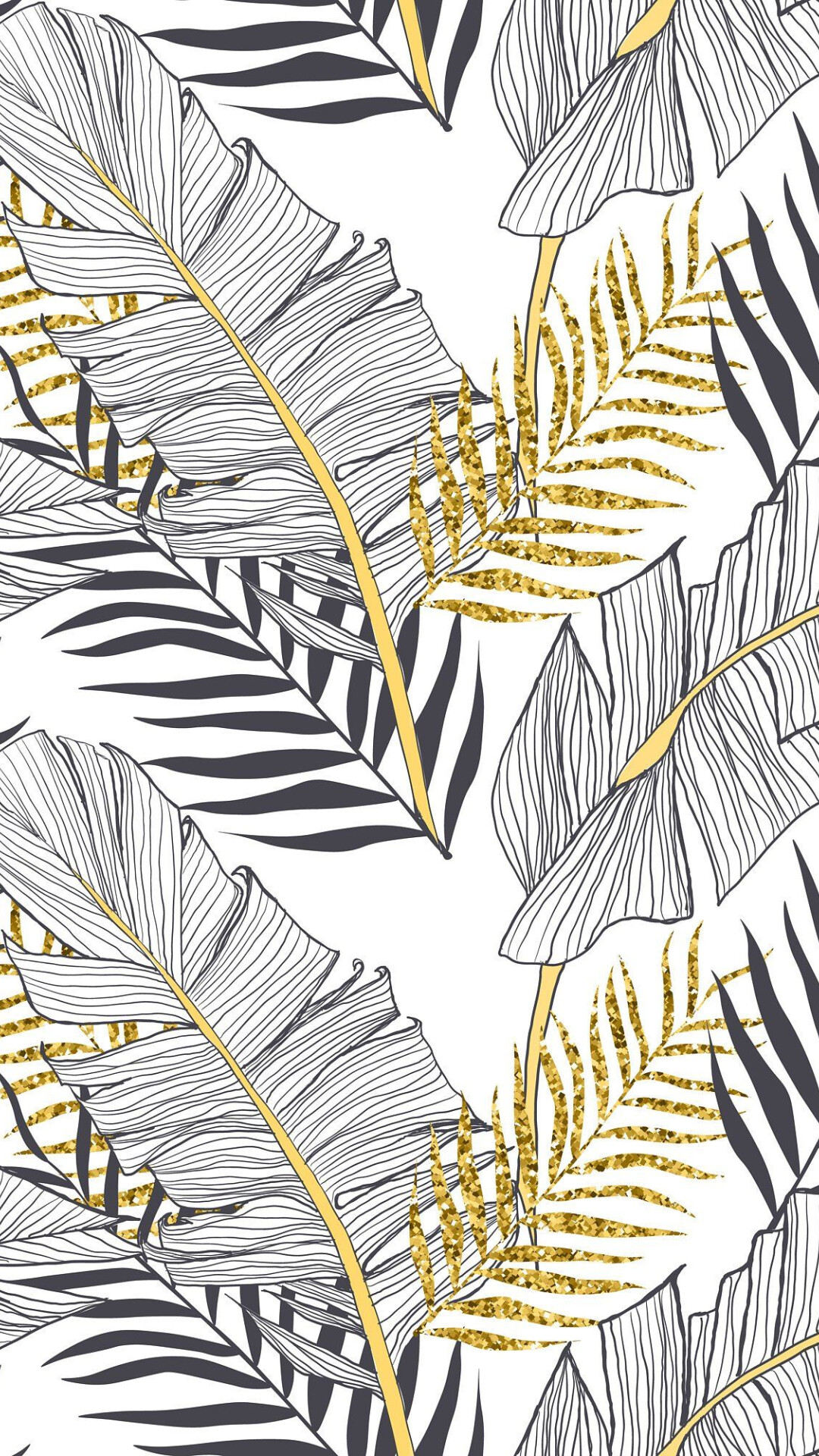 Gold Leaf: Black and gold palm branches, Tropical trees, Terrestrial plant, Floral decoration. 1080x1920 Full HD Background.