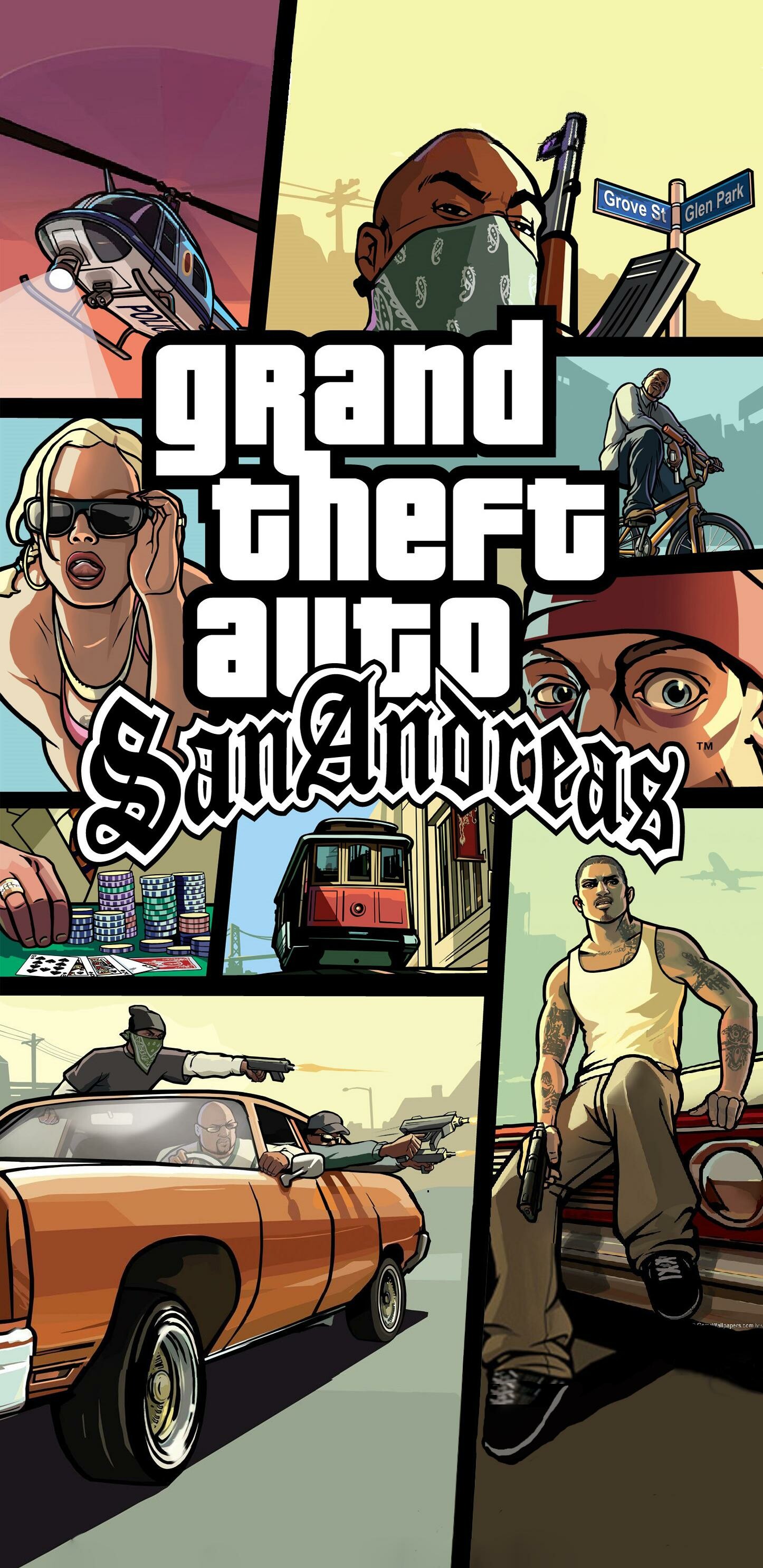 Grand Theft Auto: San Andreas: A game with role-playing elements developed by Rockstar North and published by Rockstar Games. 1450x2980 HD Wallpaper.